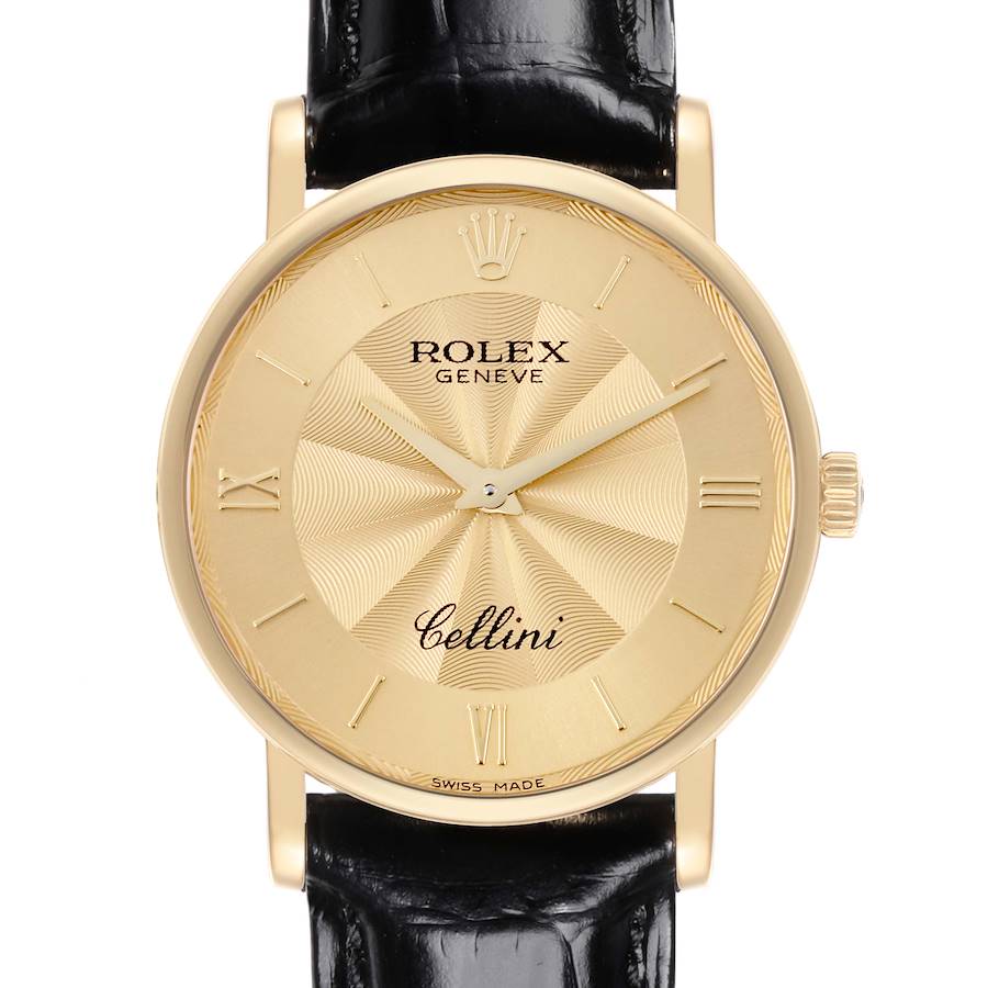 The Rolex Cellini watch is shown from the front, displaying the entire watch face, bezel, and part of the leather strap.