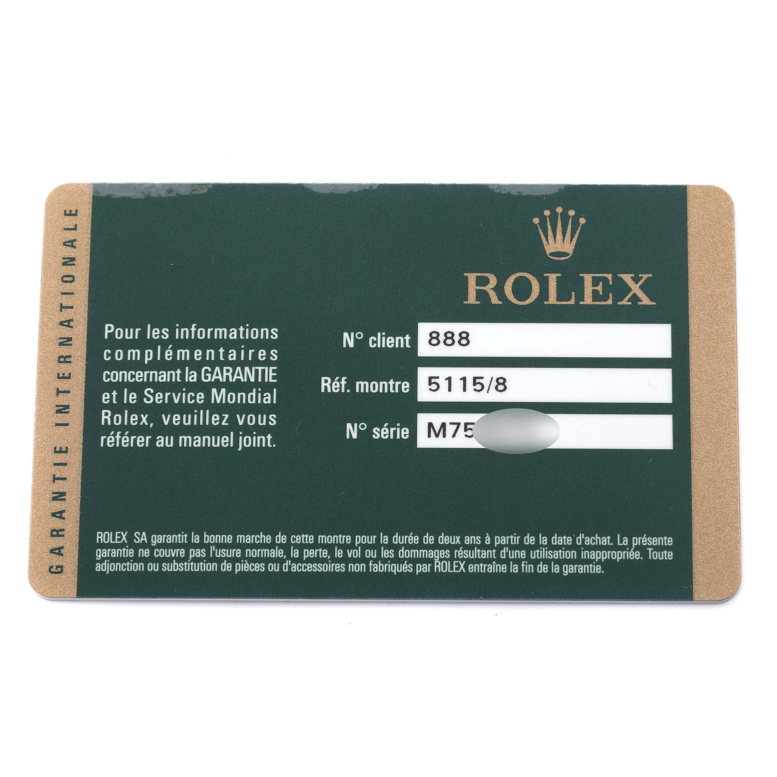 This image shows the warranty card for a Rolex Cellini 5115 Men's Yellow Gold Champagne Dial 5115 Men's Yellow Gold Champagne Dial watch, displaying client number, reference number, and serial number.