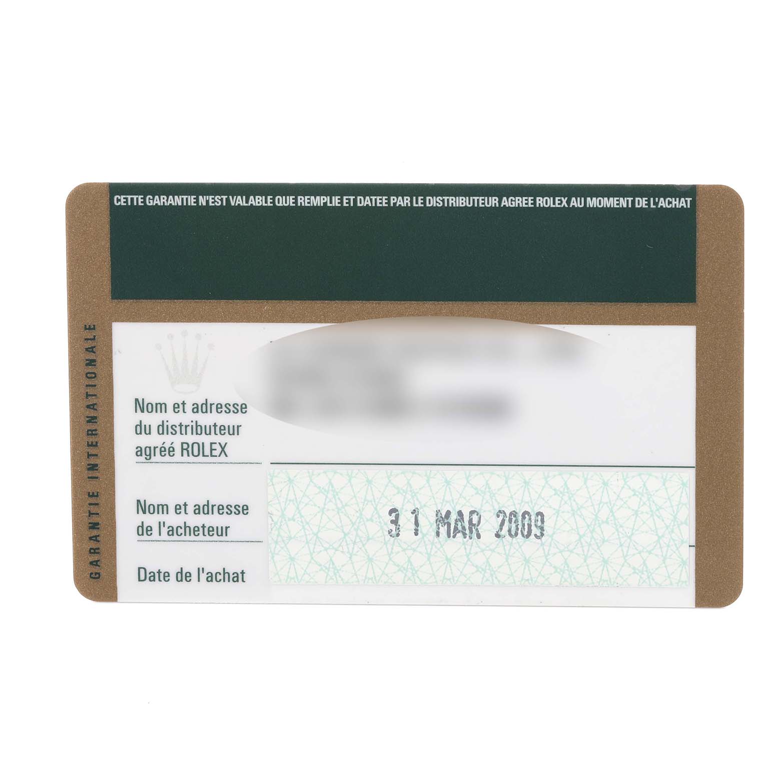 This image shows a warranty card for the Rolex Cellini 5115 Men's Yellow Gold Champagne Dial 5115 Men's Yellow Gold Champagne Dial model from a top view.