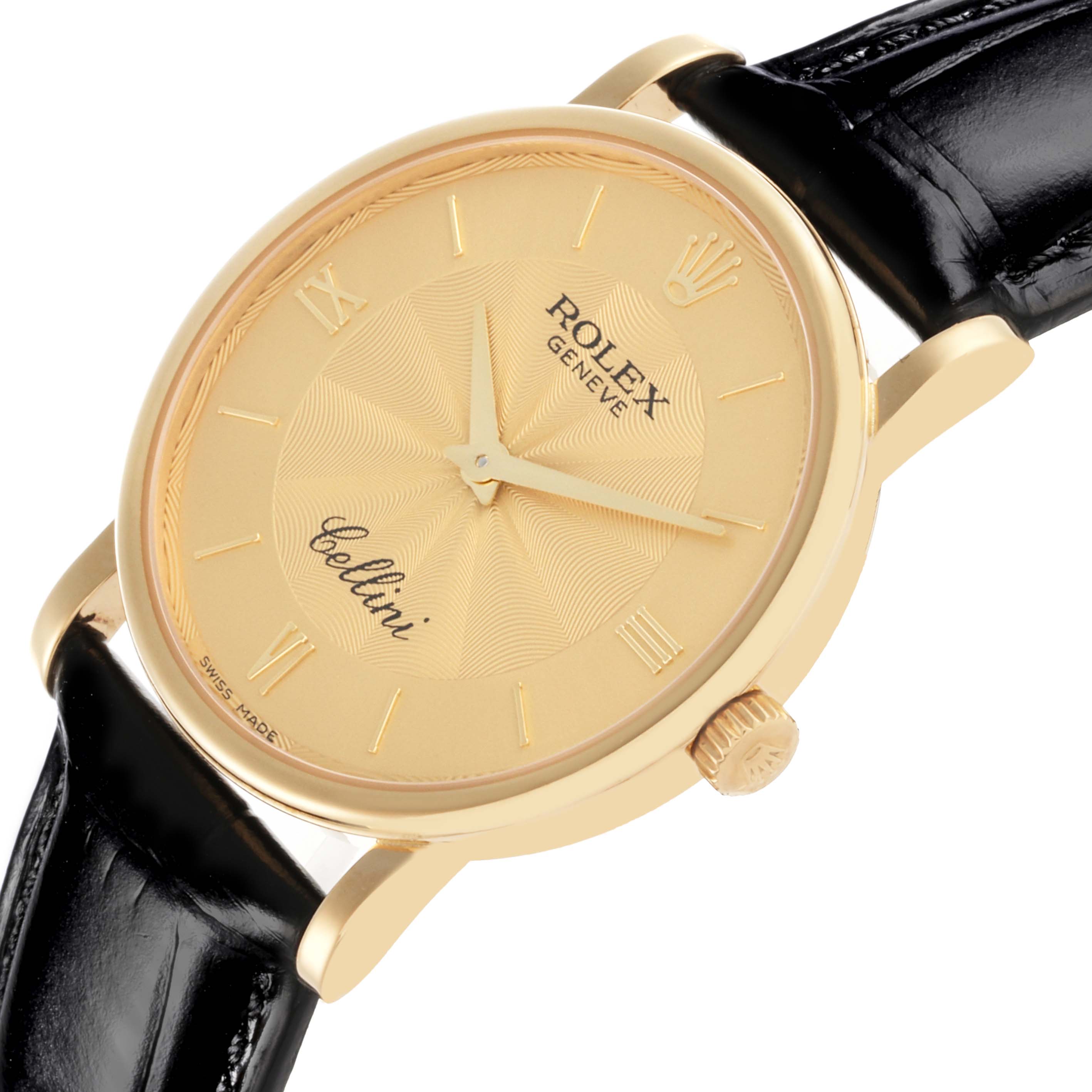 The Rolex Cellini 5115 Men's Yellow Gold Champagne Dial 5115 Men's Yellow Gold Champagne Dial watch is shown at an angled view, highlighting its gold dial, case, crown, and black leather strap.