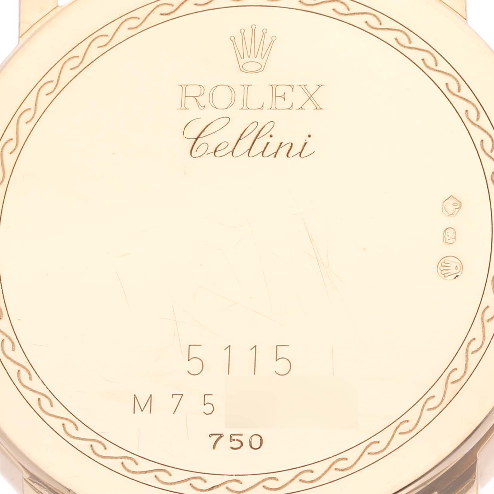 The image shows the back case of a Rolex Cellini 5115 Men's Yellow Gold Champagne Dial 5115 Men's Yellow Gold Champagne Dial watch, displaying the model number and gold hallmark engravings.