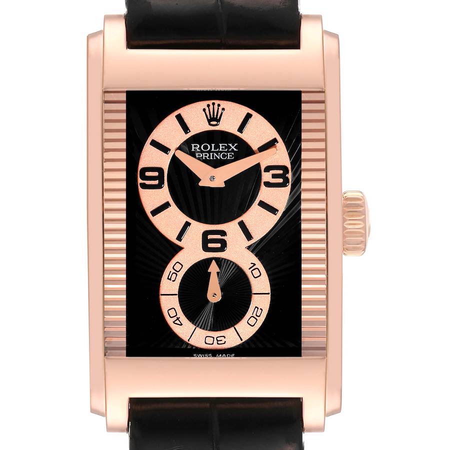 Rolex Cellini Prince Rose Gold Black Dial Leather Strap Mens Watch 5442 Box Card SwissWatchExpo