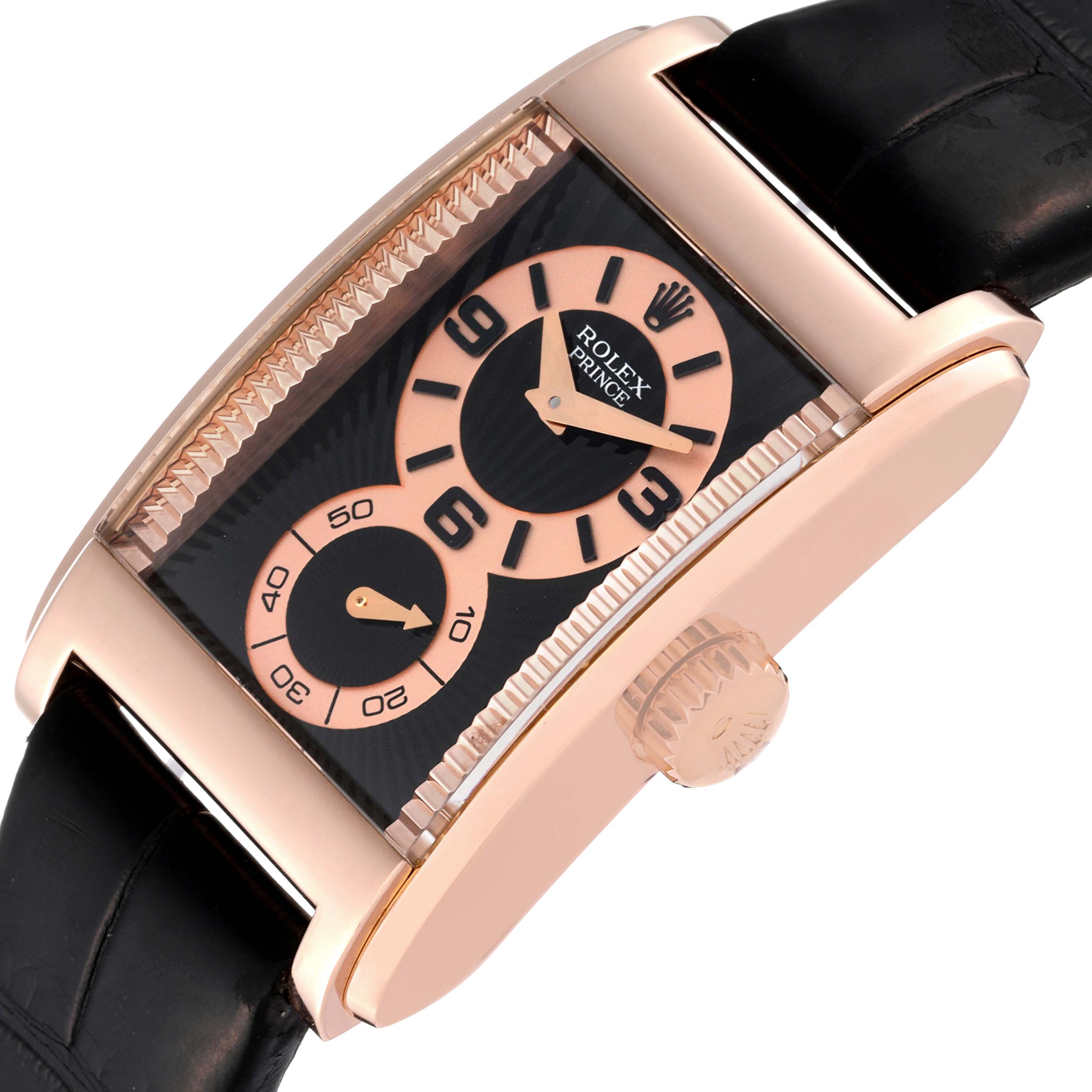 The image shows a side angle of the Rolex Cellini 5442 Men's Rose Gold Black Dial 5442 Men's Rose Gold Black Dial Prince watch, highlighting its face, case, and crown.