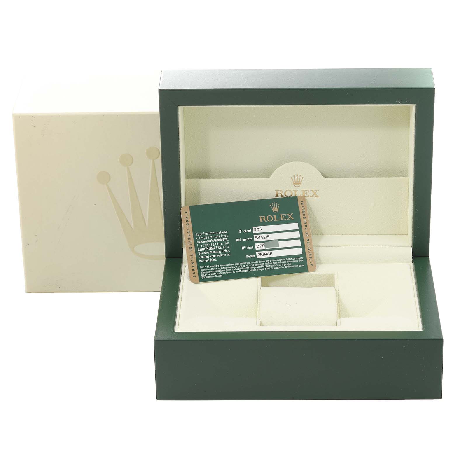 The image shows a Rolex Cellini 5442 Men's Rose Gold Black Dial 5442 Men's Rose Gold Black Dial watch box, open to reveal a green Certificate of Authenticity card.