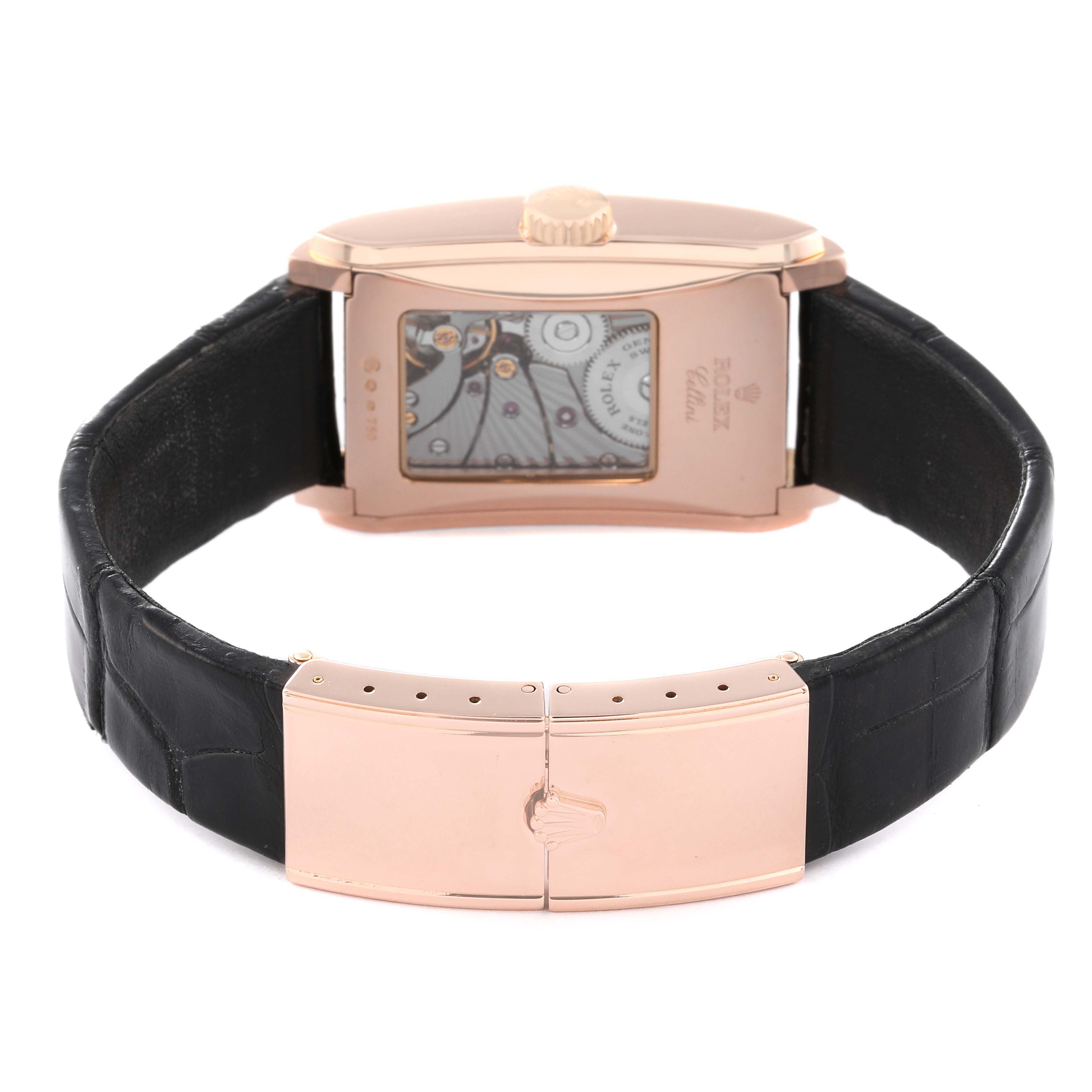 The image shows the back view of the Rolex Cellini 5442 Men's Rose Gold Black Dial 5442 Men's Rose Gold Black Dial watch, featuring its clasp, crown, and visible mechanism.