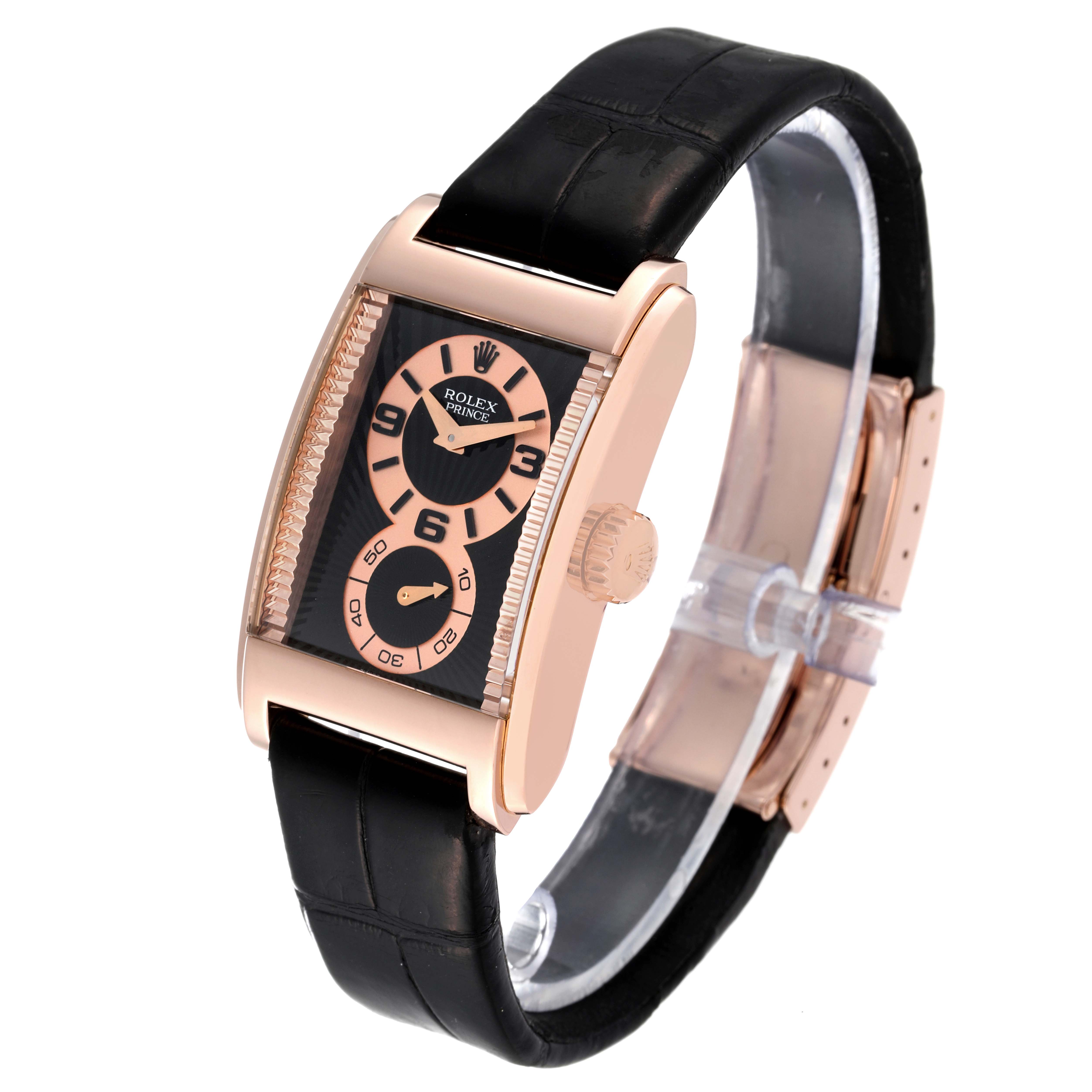 The Rolex Cellini 5442 Men's Rose Gold Black Dial 5442 Men's Rose Gold Black Dial watch is shown from an angled side view, highlighting the black leather strap and rose gold casing.