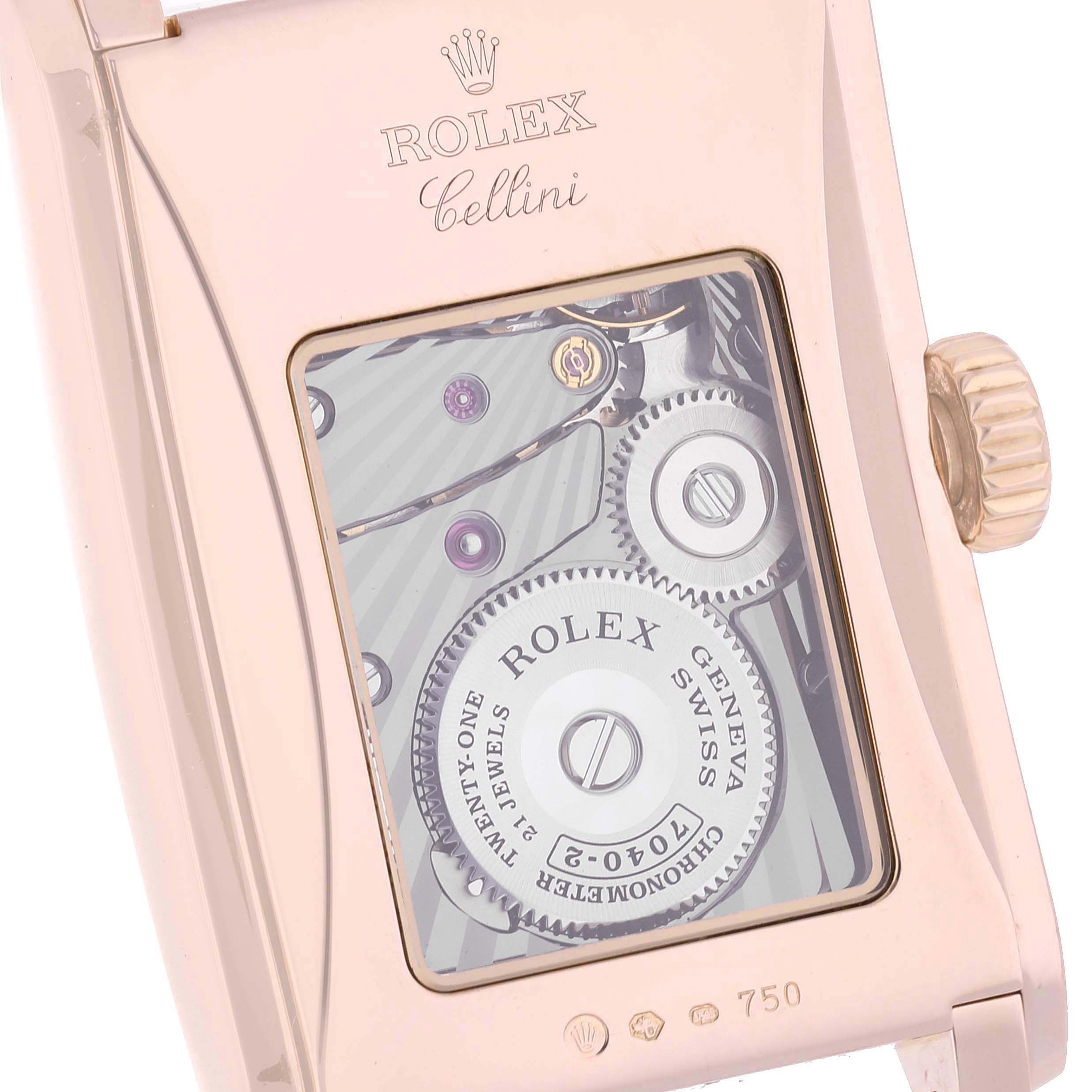 The image shows the back of the Rolex Cellini 5442 Men's Rose Gold Black Dial 5442 Men's Rose Gold Black Dial watch, highlighting its internal mechanical movement and crown.