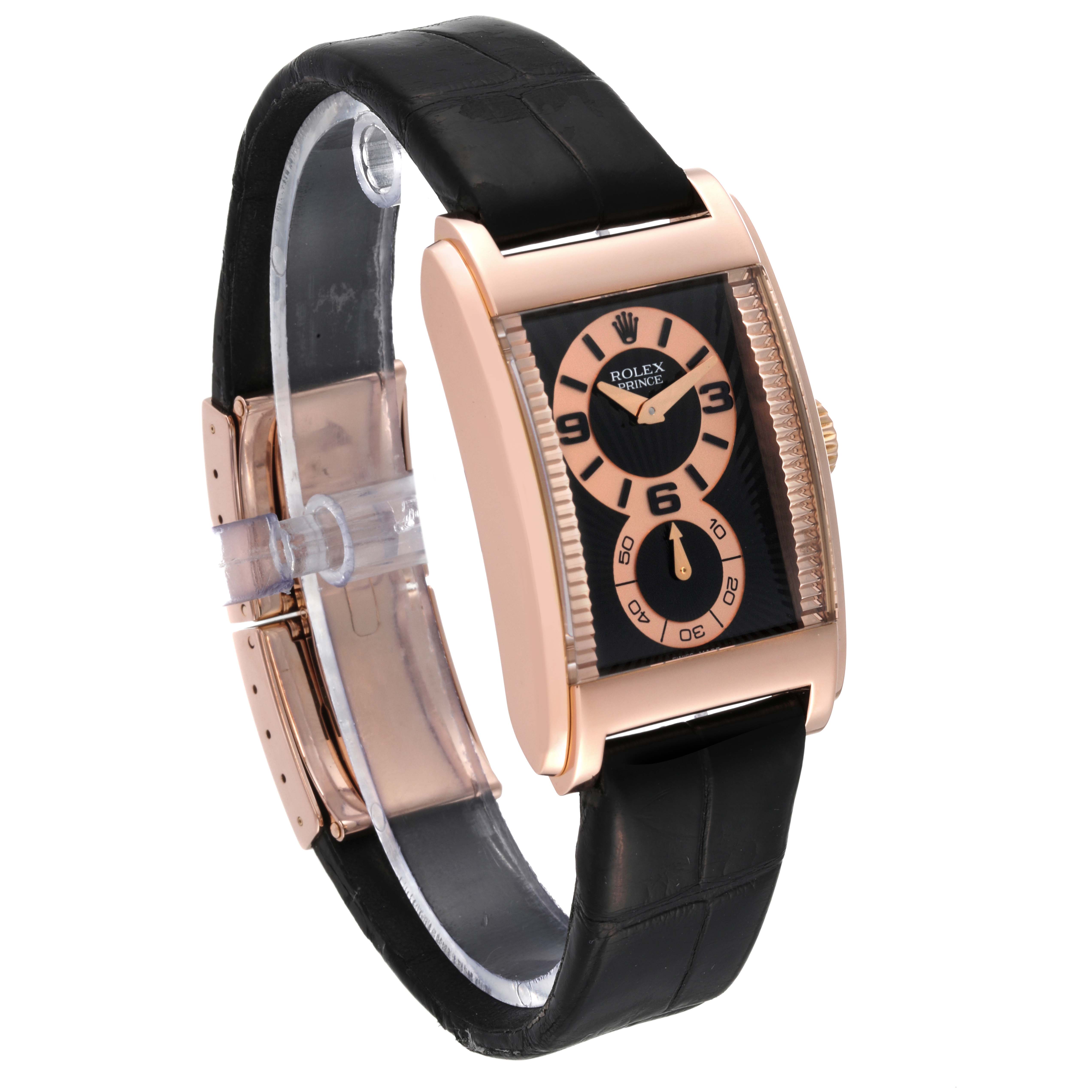 The image shows a Rolex Cellini 5442 Men's Rose Gold Black Dial 5442 Men's Rose Gold Black Dial Prince model watch at a slight angle, highlighting its black leather strap and rose gold rectangular case.