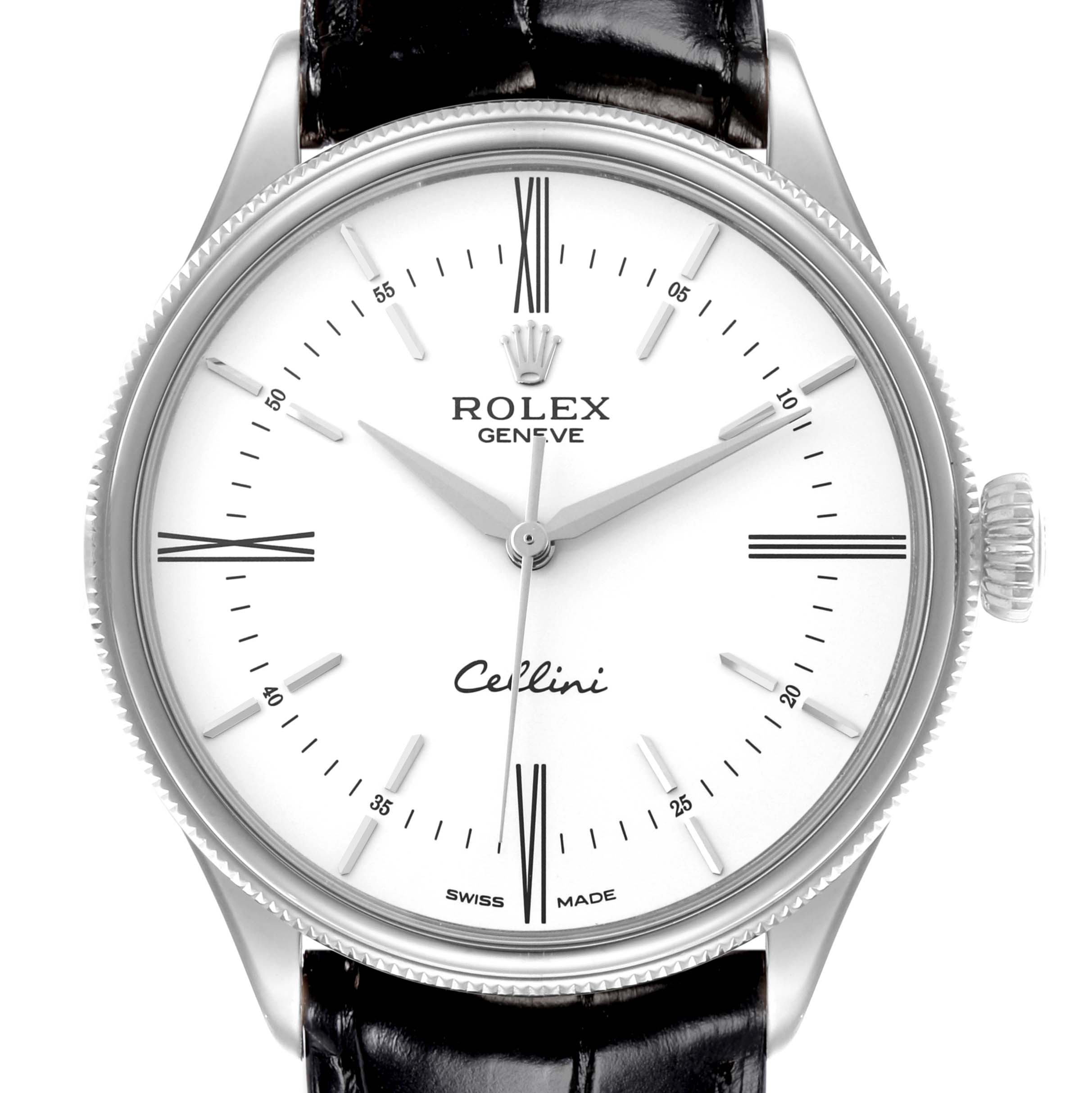 The Rolex Cellini 50509 Men's White Gold White Dial 50509 Men's White Gold White Dial watch is shown from the front, displaying its face, bezel, crown, and black leather strap.
