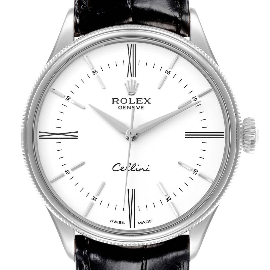 The Rolex Cellini watch is shown from the front, displaying its face, bezel, crown, and black leather strap.