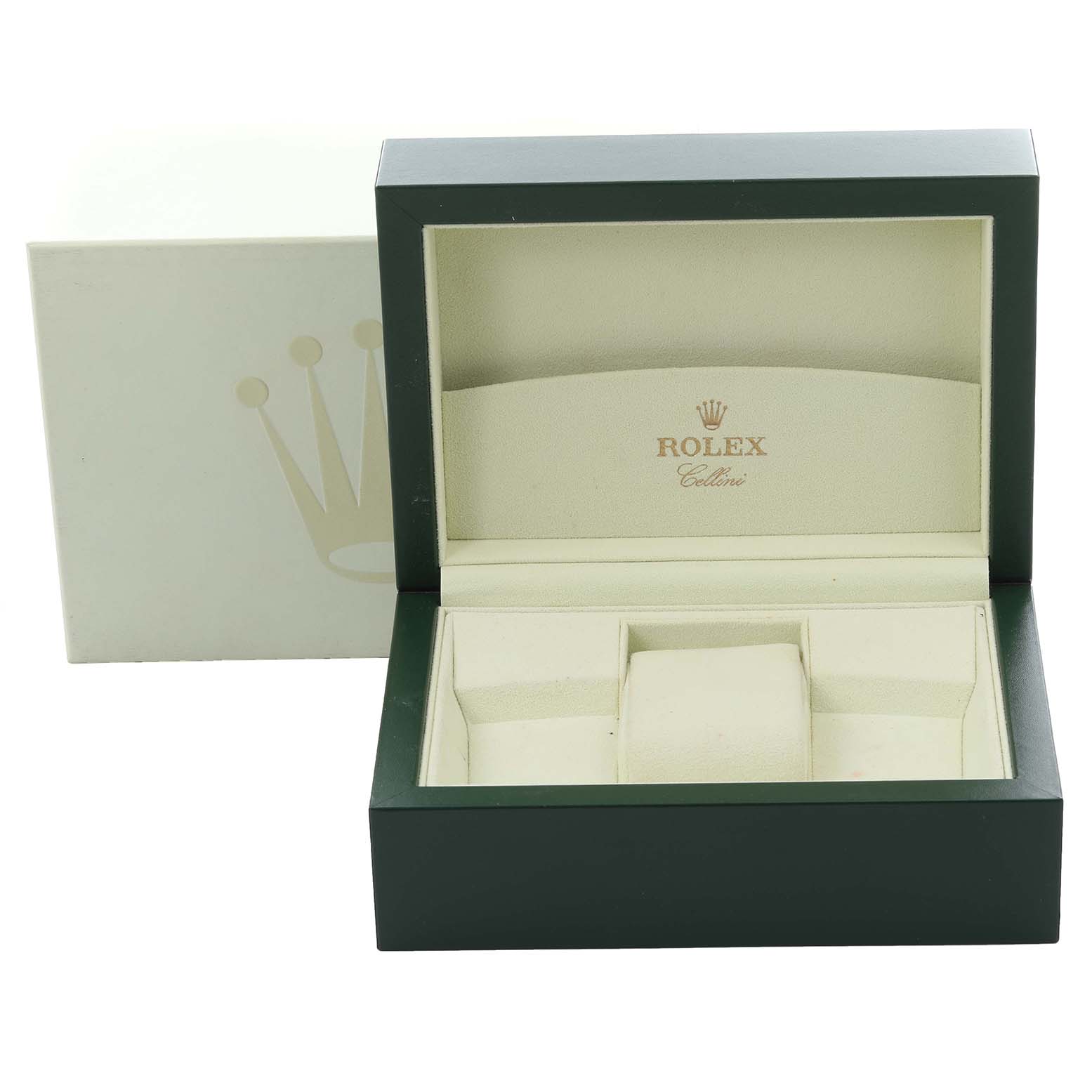 The image shows an open Rolex Cellini 50509 Men's White Gold White Dial 50509 Men's White Gold White Dial watch box viewed from the front, highlighting its cushioned interior.
