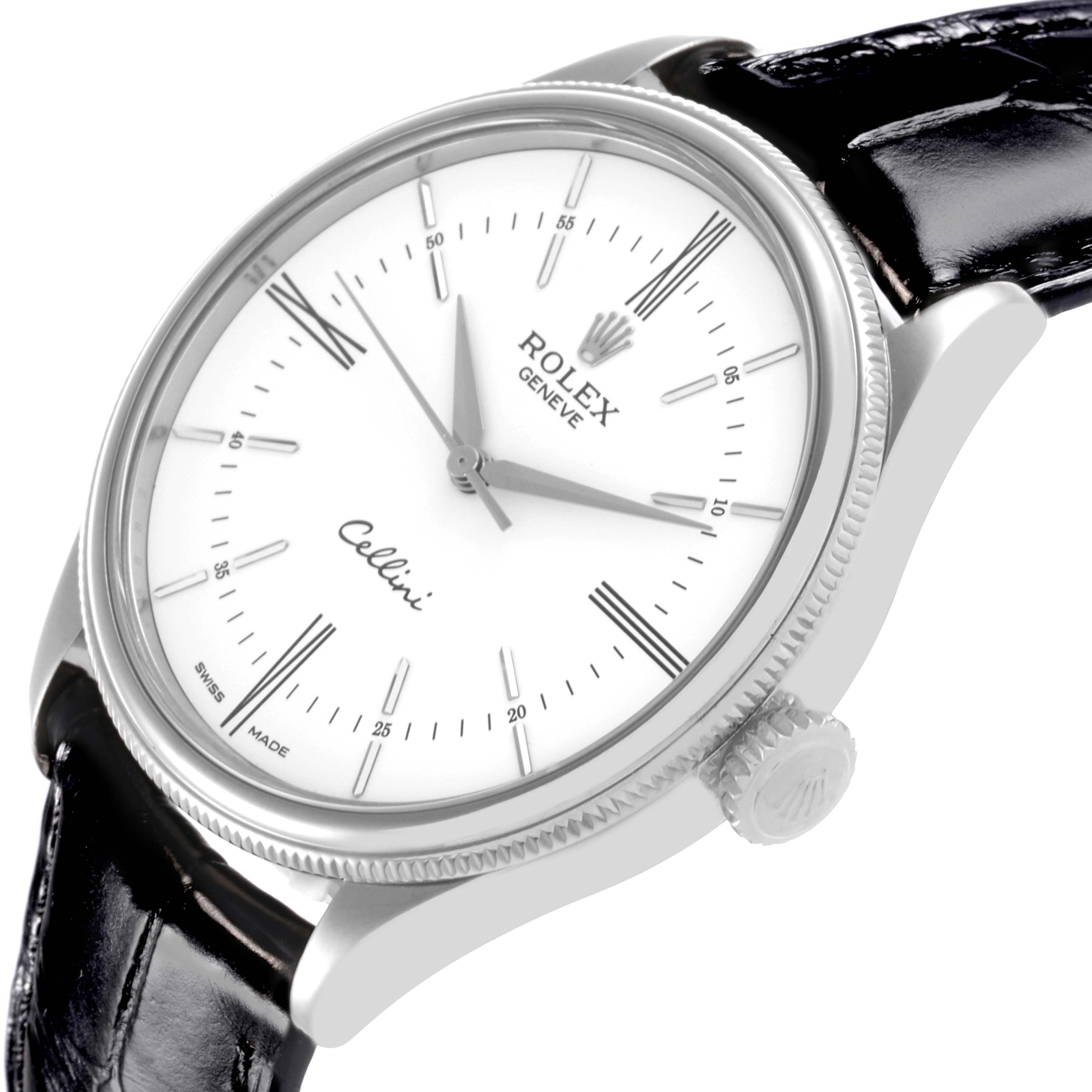 The Rolex Cellini 50509 Men's White Gold White Dial 50509 Men's White Gold White Dial watch is shown from an angled side view, featuring the dial, crown, and part of the leather strap.