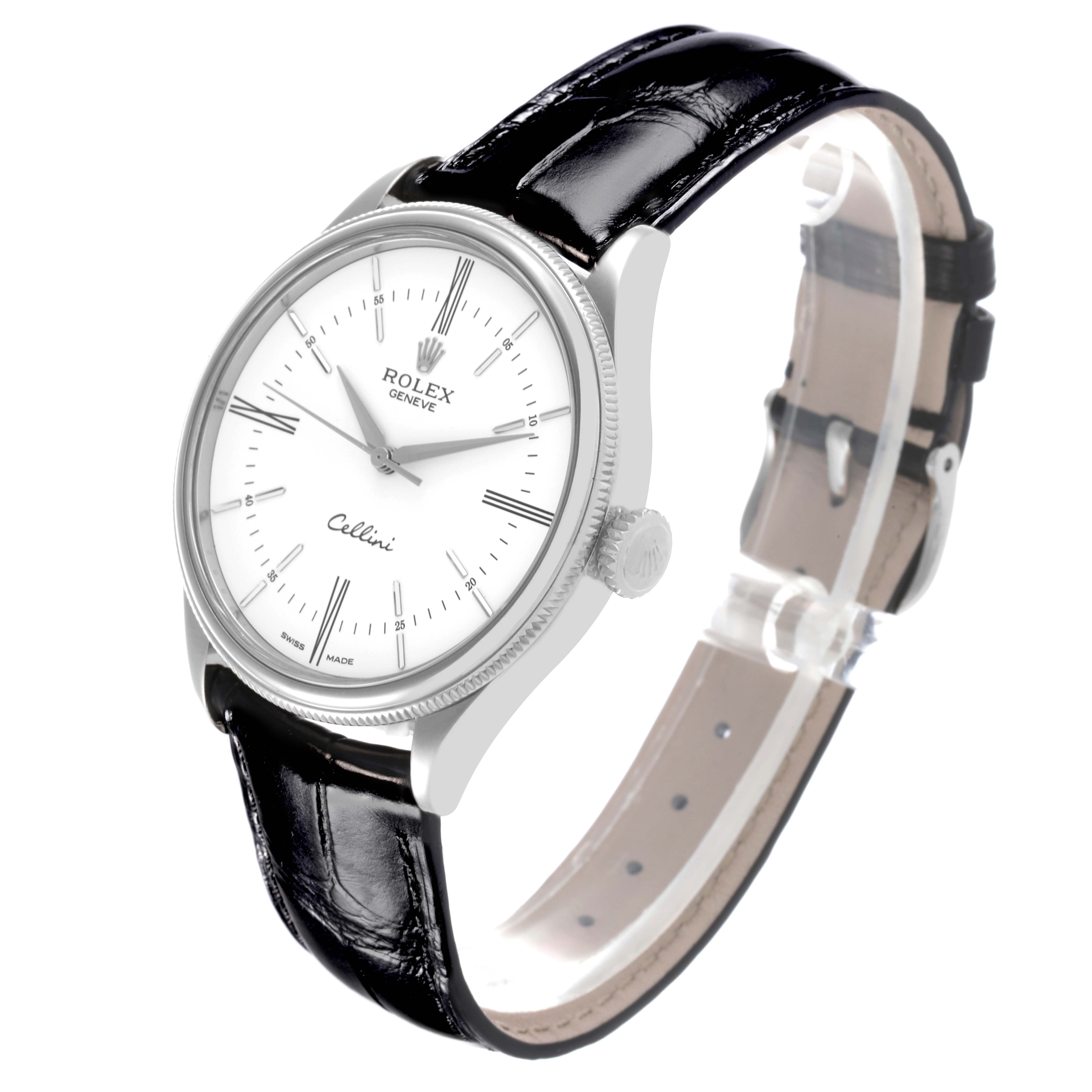 The Rolex Cellini 50509 Men's White Gold White Dial 50509 Men's White Gold White Dial watch is shown at a three-quarter angle displaying the face, bezel, crown, and strap.