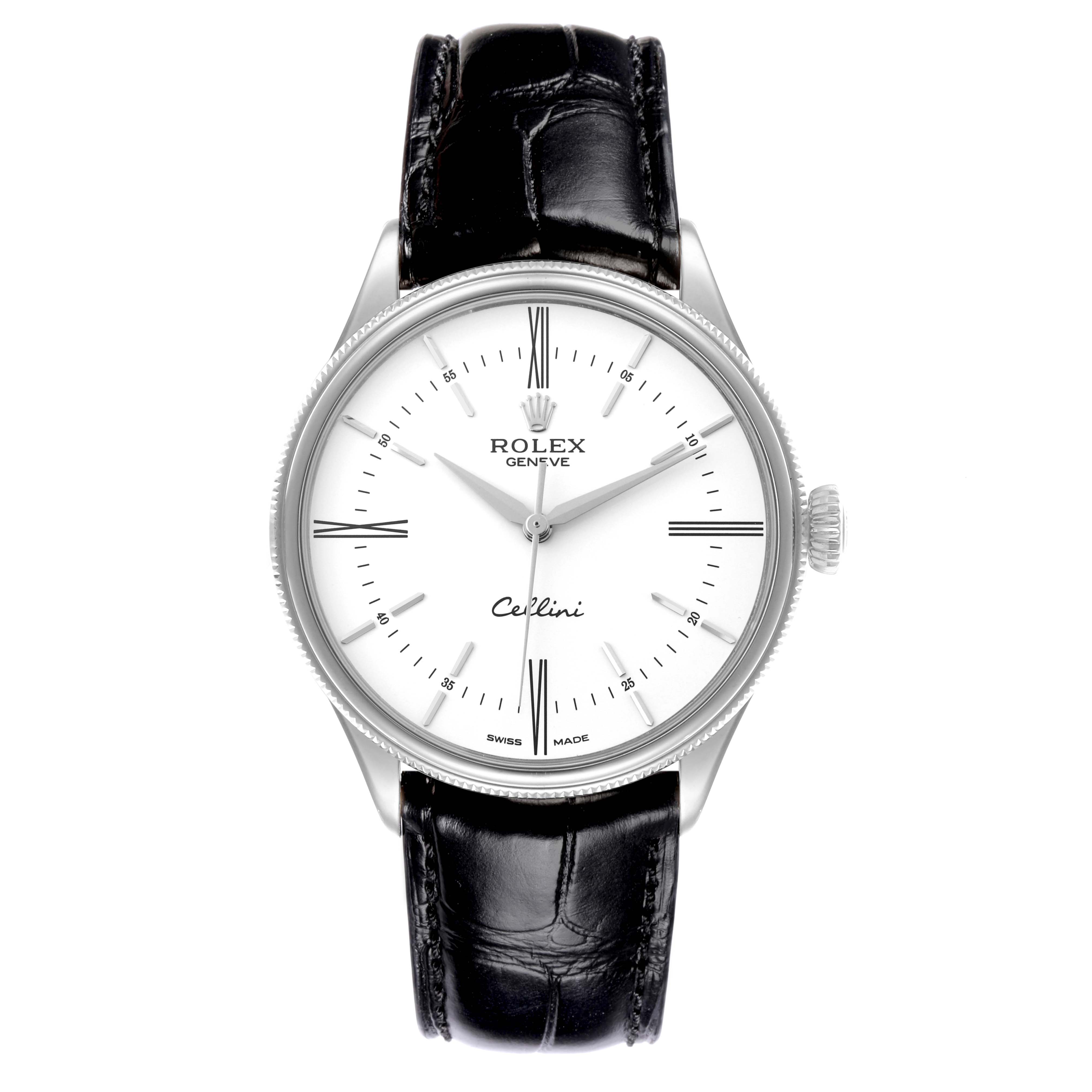 The Rolex Cellini 50509 Men's White Gold White Dial 50509 Men's White Gold White Dial watch is shown from the front, featuring its dial, case, crown, and leather strap.