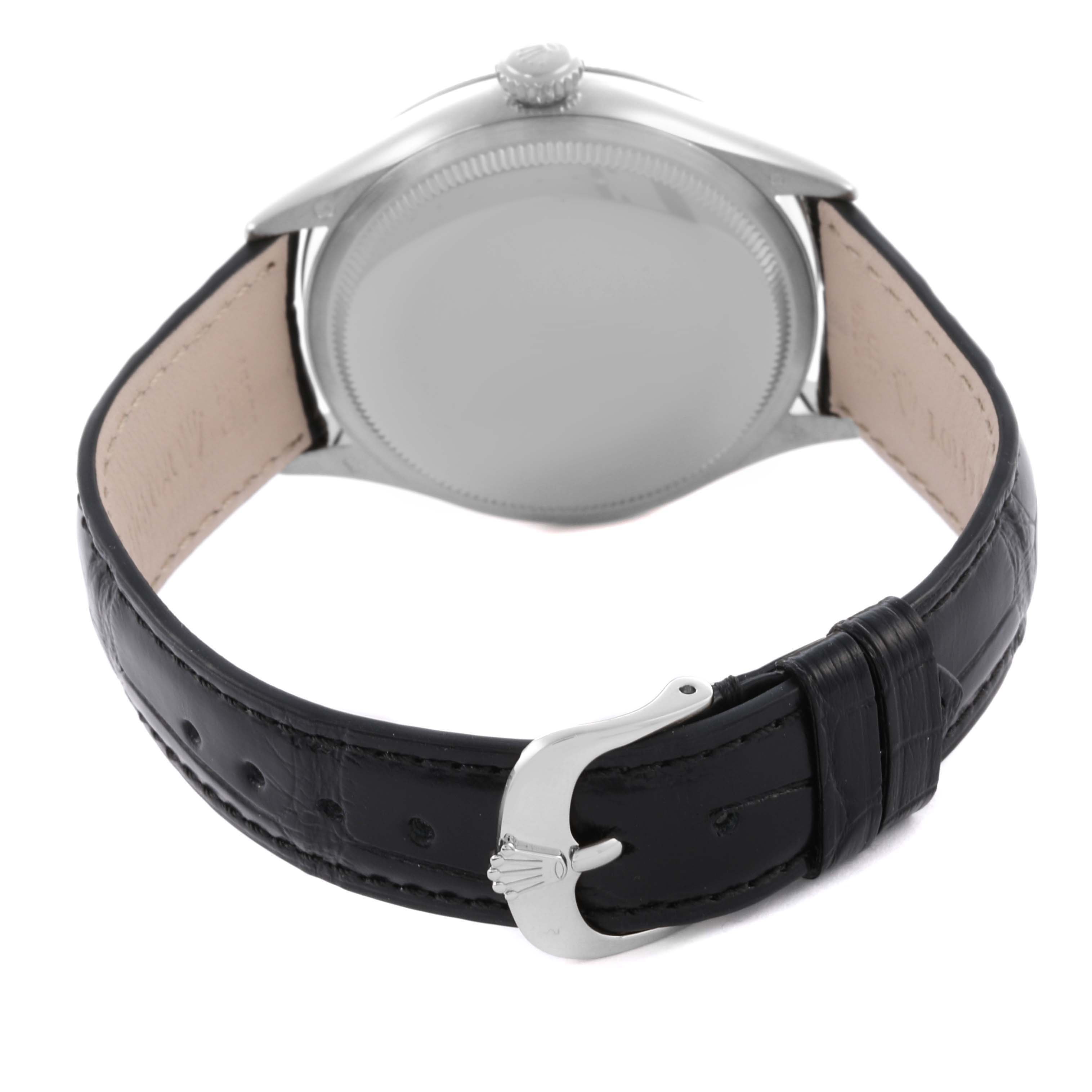 The image shows the back case and strap of a Rolex Cellini 50509 Men's White Gold White Dial 50509 Men's White Gold White Dial, highlighting the clasp and crown in a rear angle view.