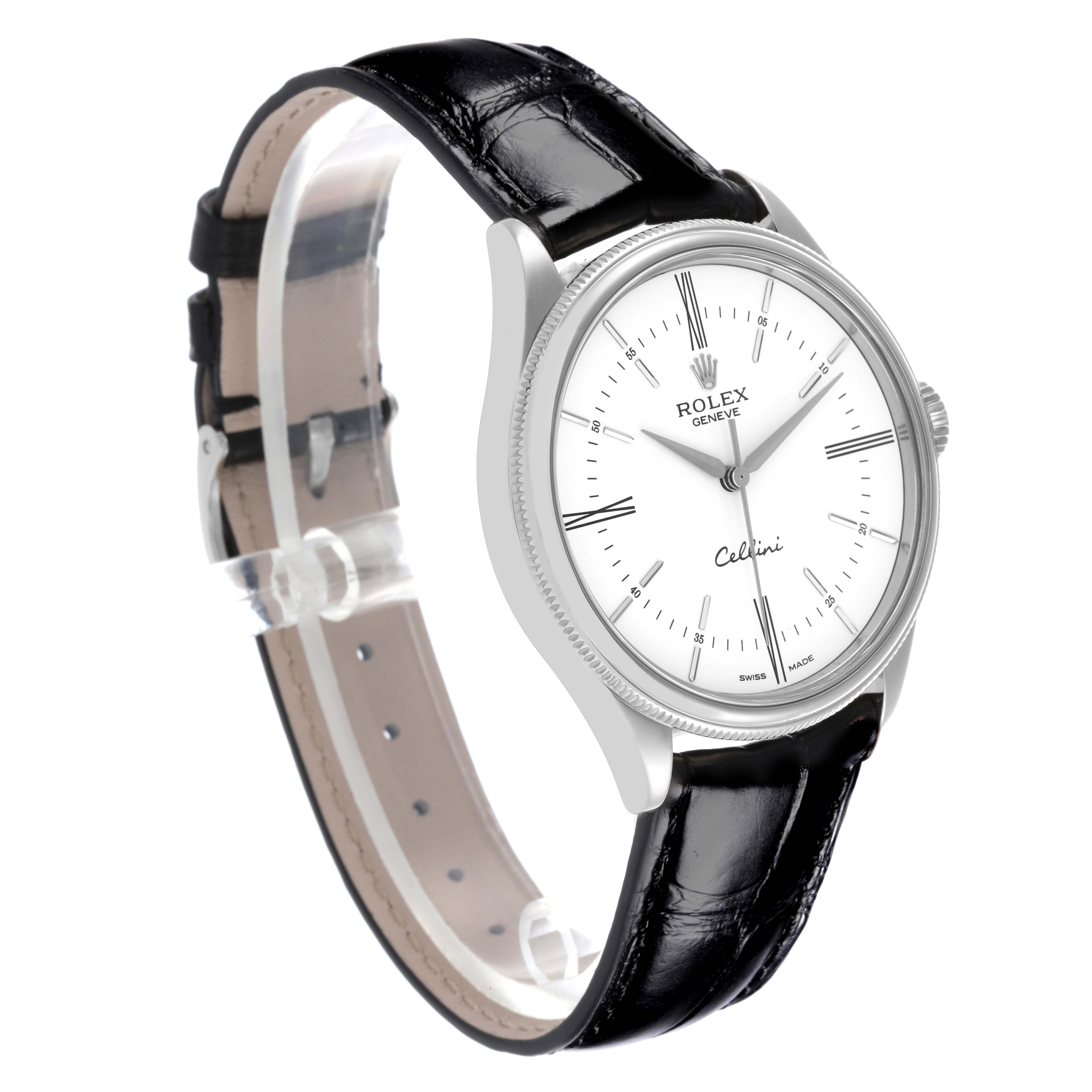 The Rolex Cellini 50509 Men's White Gold White Dial 50509 Men's White Gold White Dial watch is shown from a front-side angle, displaying the face and leather strap.