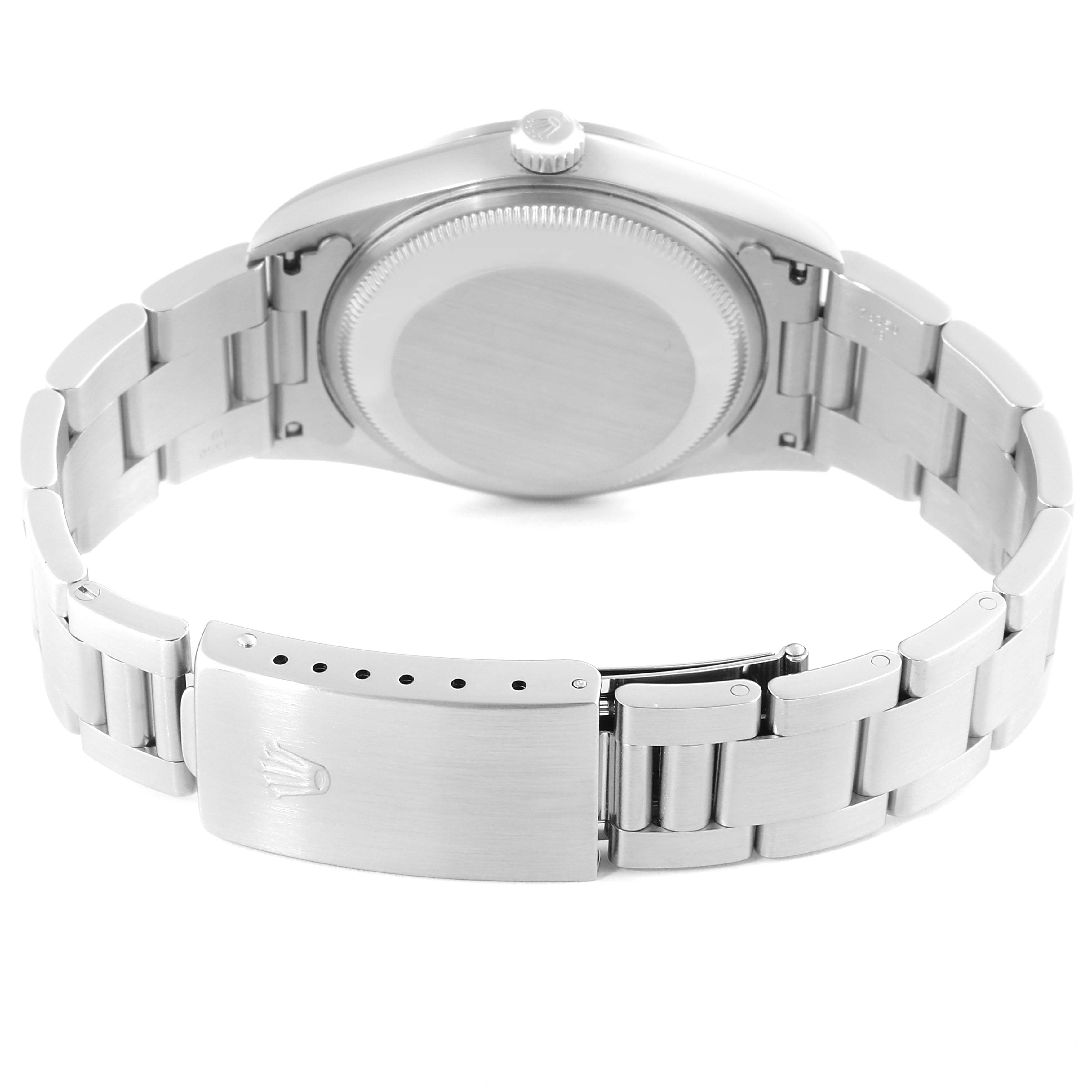 The image shows the backside of a Rolex Date 15200 Men's Stainless Steel White Dial 15200 Men's Stainless Steel White Dial model watch, displaying the bracelet, clasp, and case back.