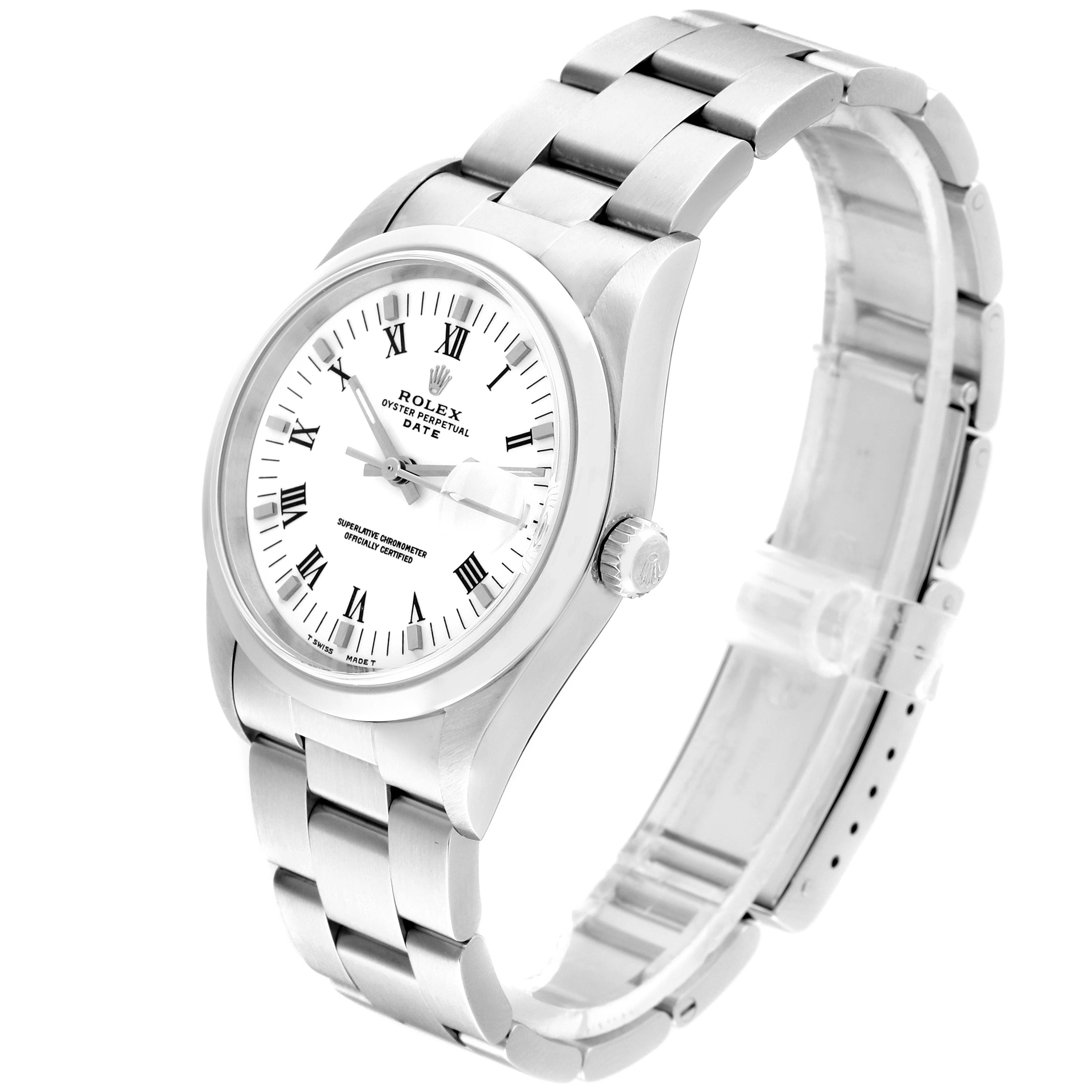 The image shows a Rolex Date 15200 Men's Stainless Steel White Dial 15200 Men's Stainless Steel White Dial model watch at a three-quarter angle, highlighting the dial, bezel, crown, and bracelet.