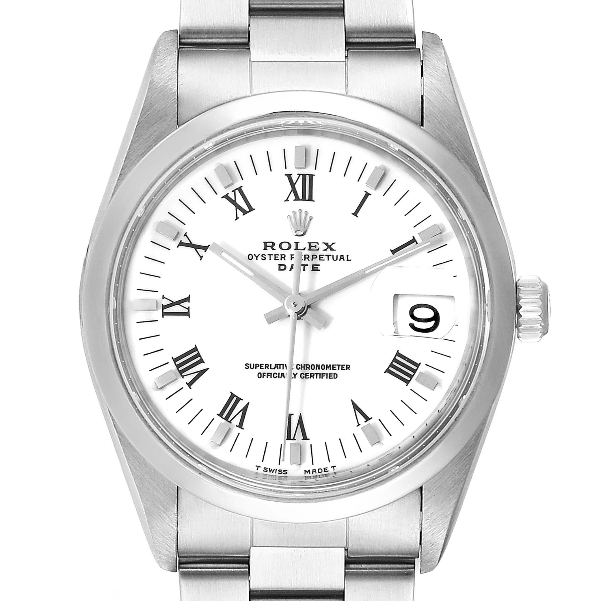 The image shows a front view of a Rolex Date 15200 Men's Stainless Steel White Dial 15200 Men's Stainless Steel White Dial model watch, displaying the dial, bezel, and part of the bracelet.