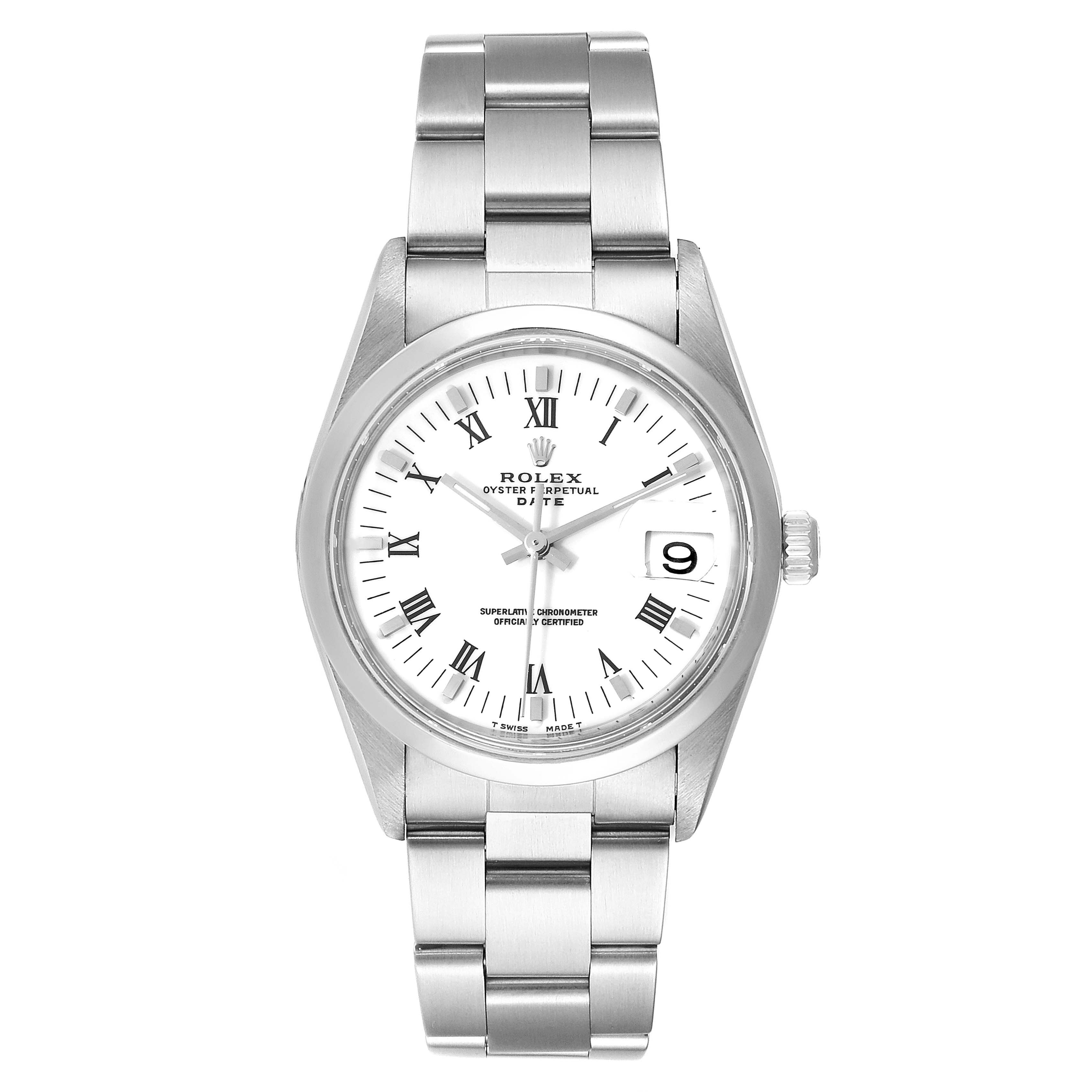 The image shows a frontal view of a Rolex Date 15200 Men's Stainless Steel White Dial 15200 Men's Stainless Steel White Dial model watch, displaying its face, bezel, dial, and bracelet.