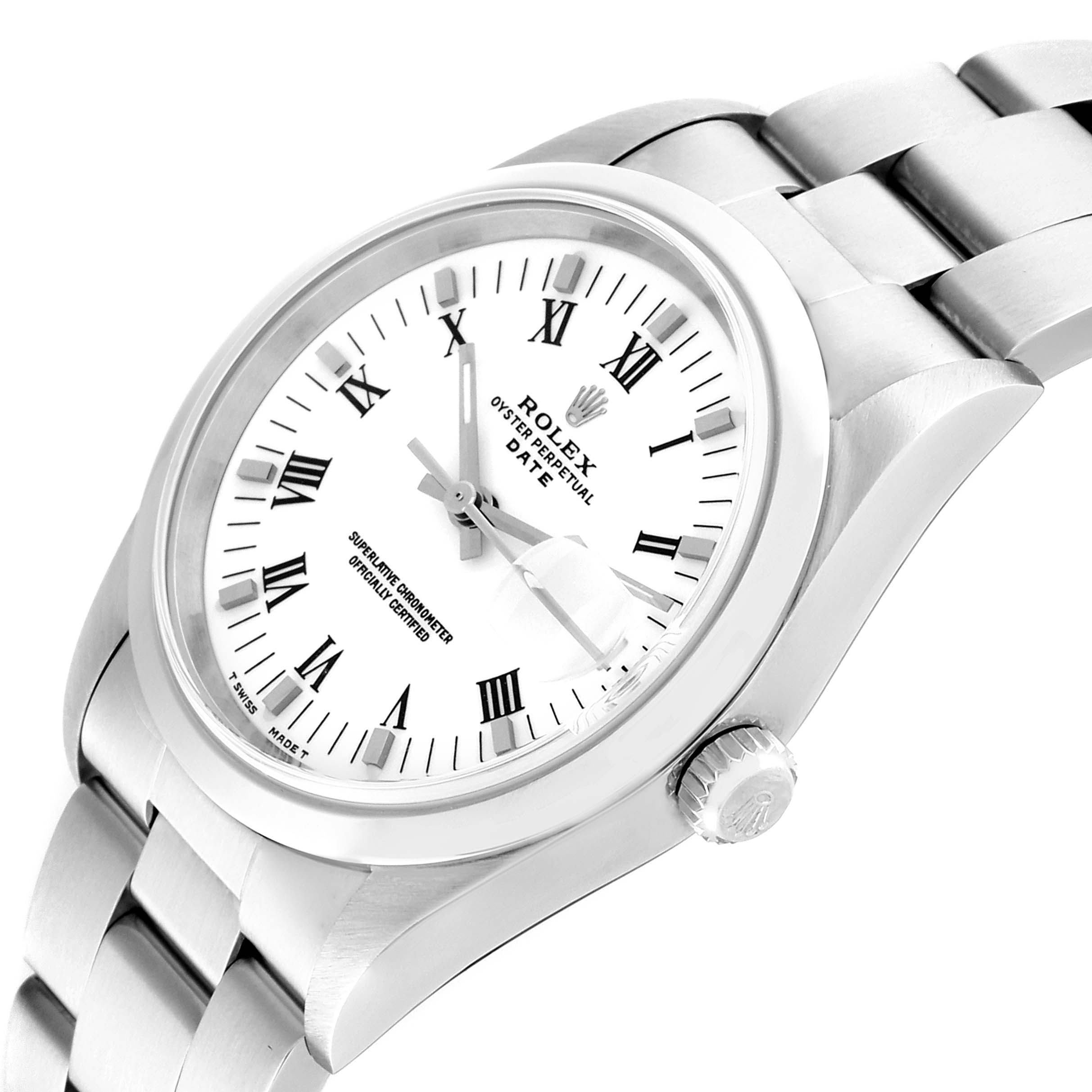 The Rolex Date 15200 Men's Stainless Steel White Dial 15200 Men's Stainless Steel White Dial watch is shown at an angled side view, highlighting the dial, bezel, crown, and part of the bracelet.