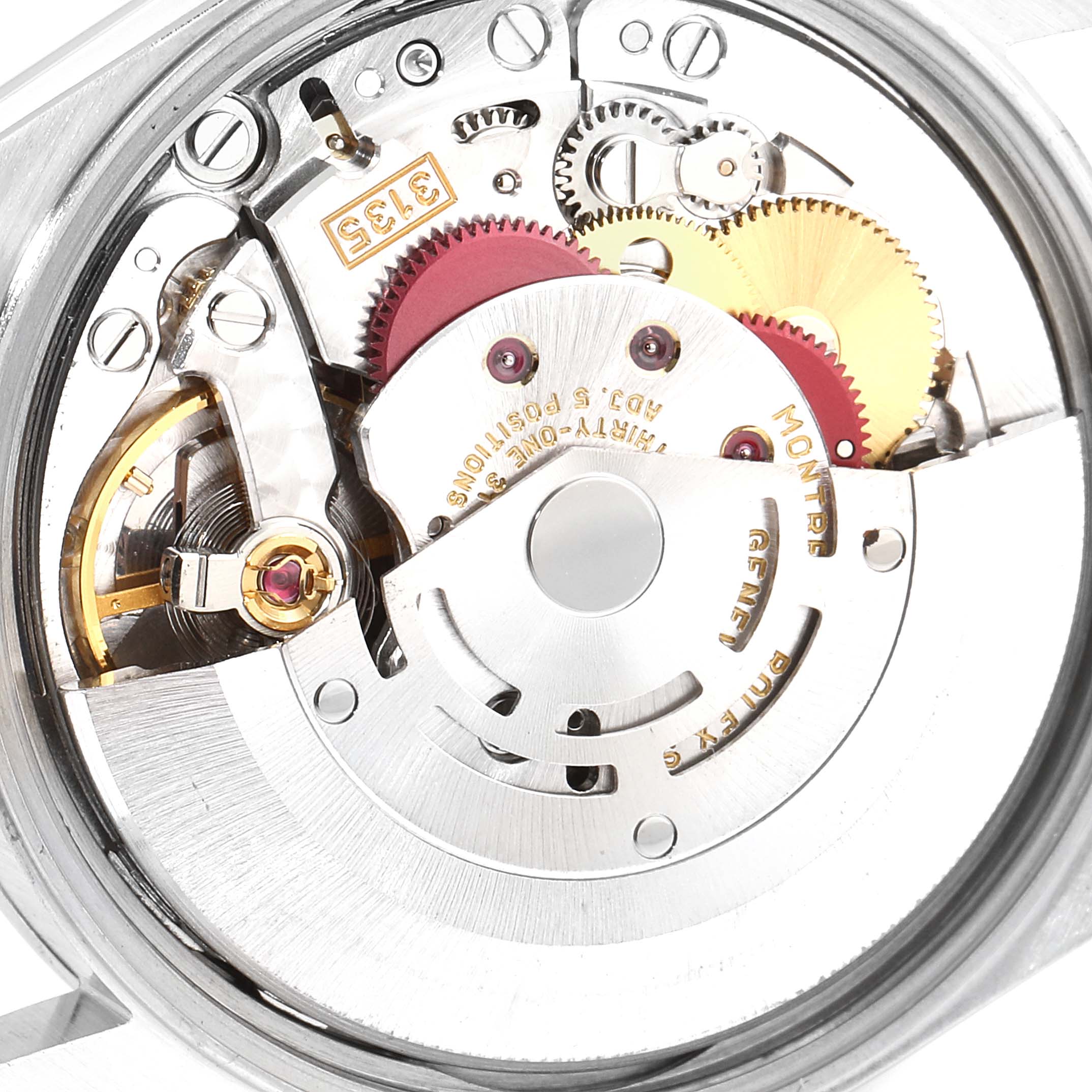 The image shows the internal mechanism of a Rolex Date 15200 Men's Stainless Steel White Dial 15200 Men's Stainless Steel White Dial model watch, highlighting its gears and rotor.