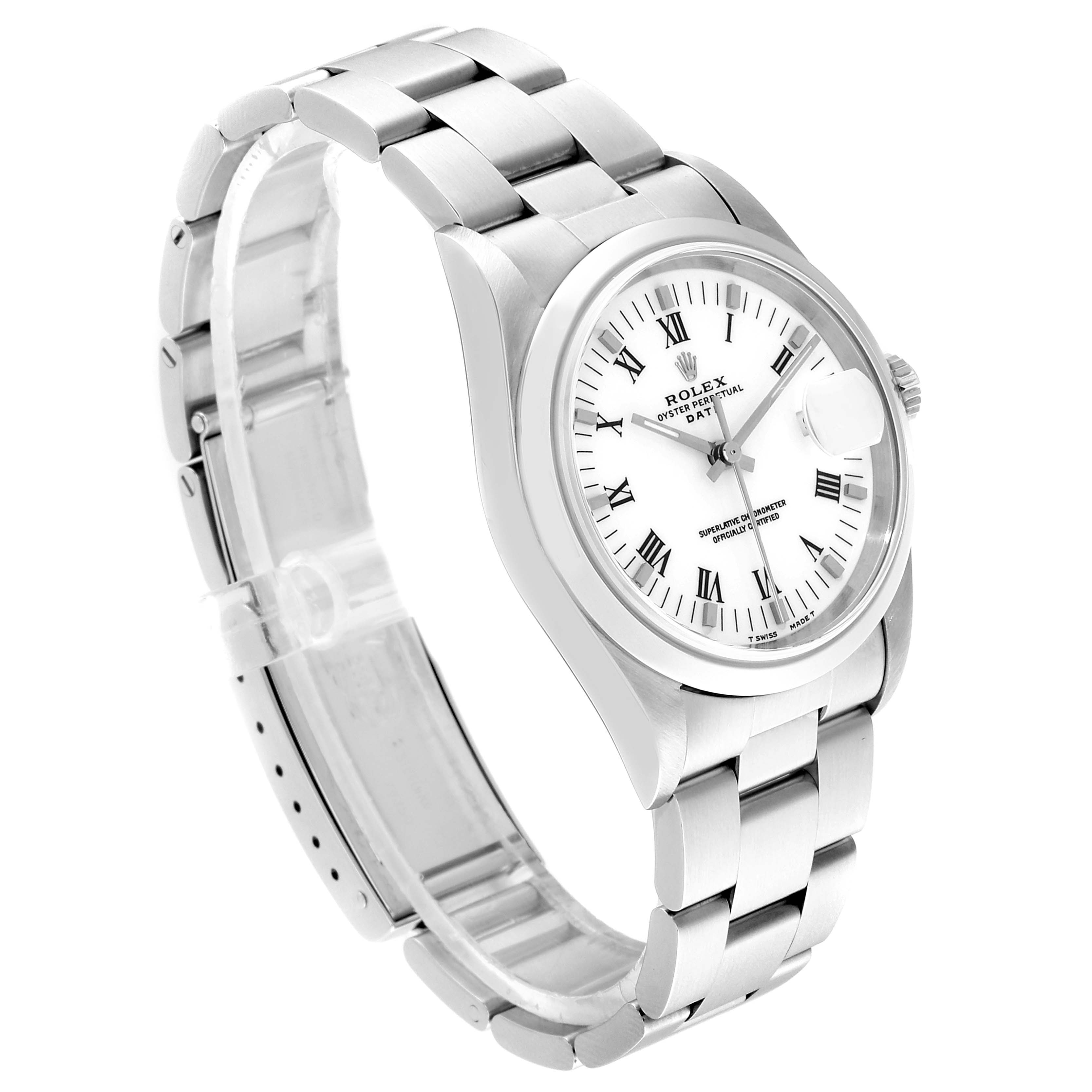 The Rolex Date 15200 Men's Stainless Steel White Dial 15200 Men's Stainless Steel White Dial model watch is shown at a slight angle, highlighting its white dial, Roman numerals, cyclops date window, and metal bracelet.