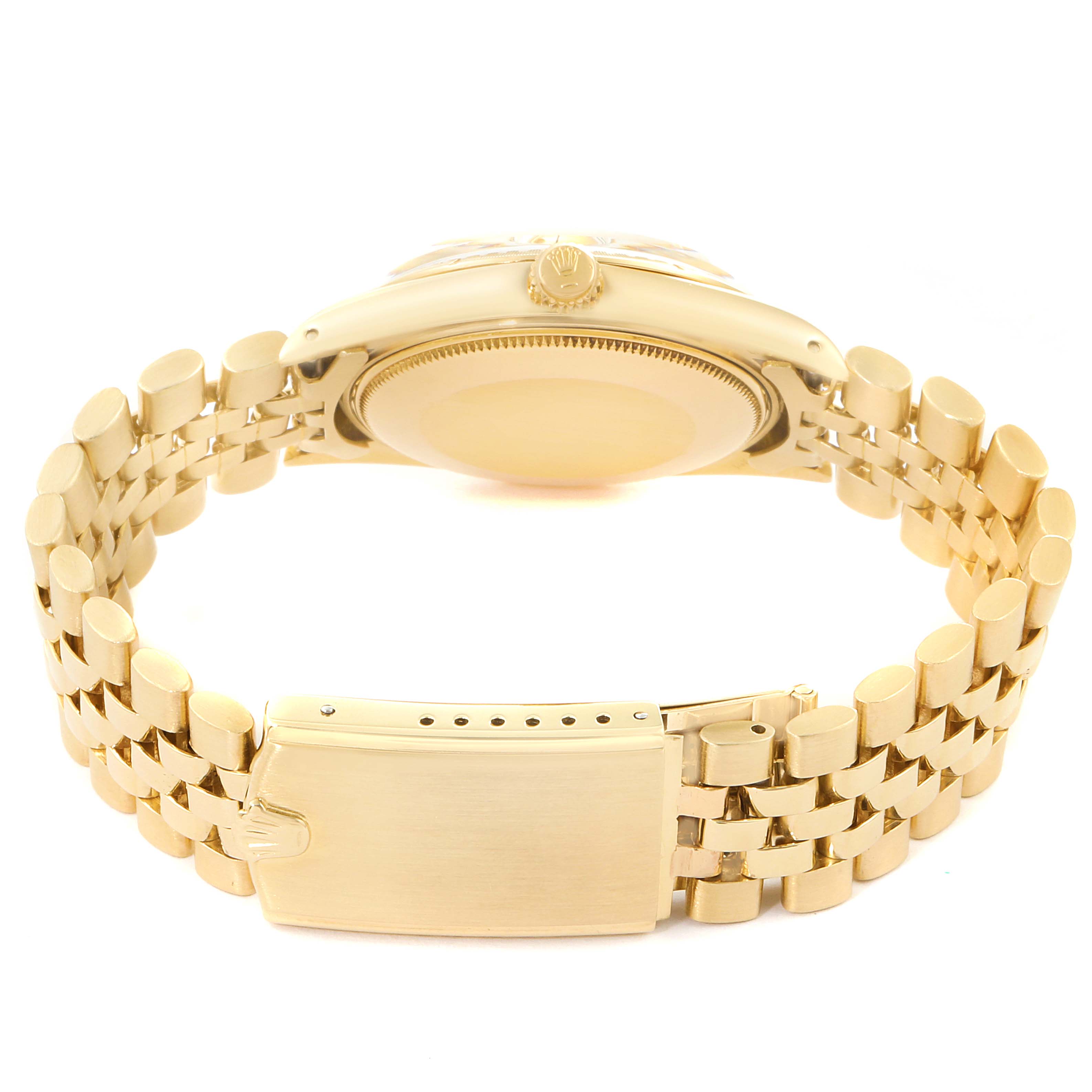 This image shows the backside view of the Rolex Vintage Collection 1512 Men's Yellow Gold Champagne Dial 1512 Men's Yellow Gold Champagne Dial watch focusing on the case back and bracelet clasp.