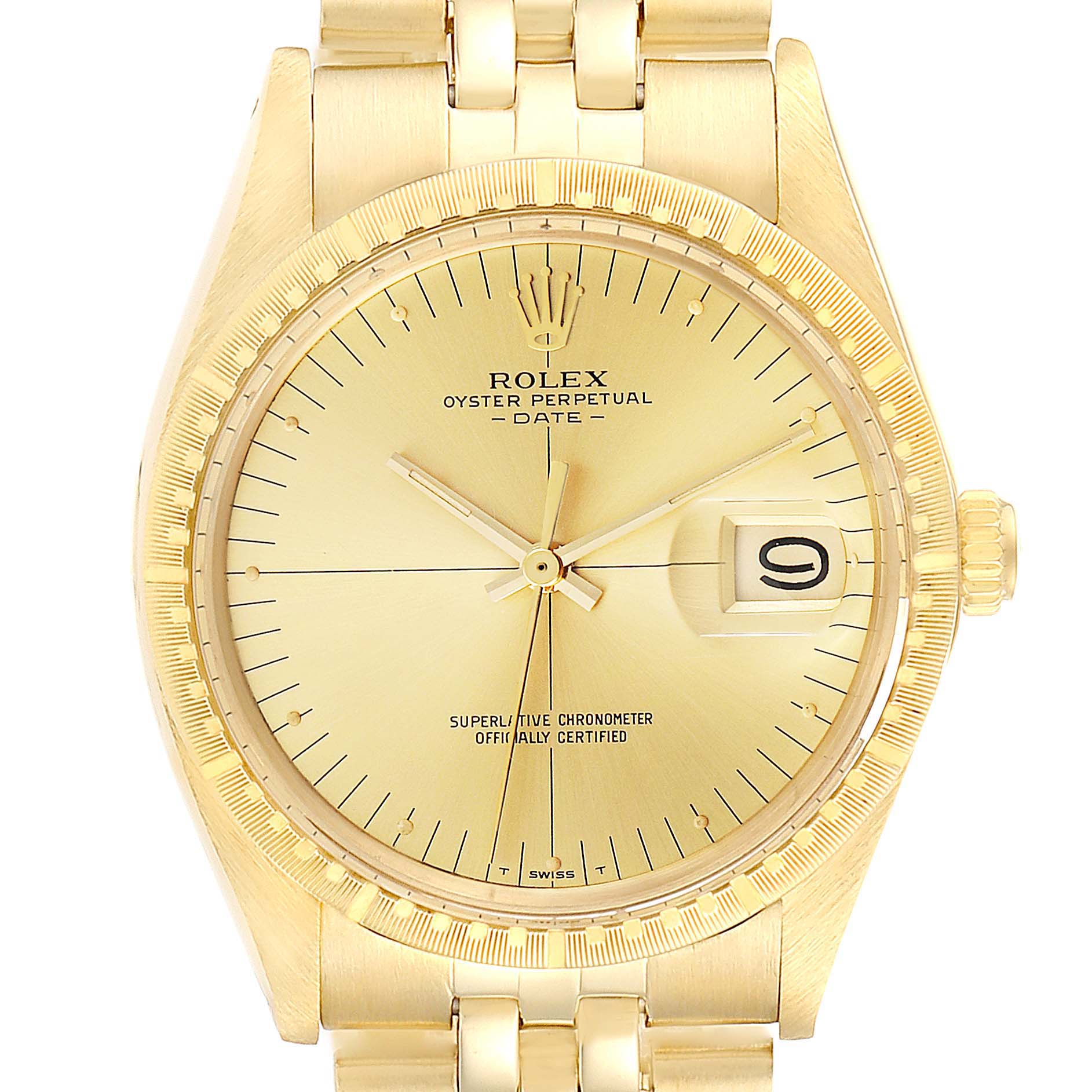 The image shows a front view of the Rolex Vintage Collection 1512 Men's Yellow Gold Champagne Dial 1512 Men's Yellow Gold Champagne Dial Oyster Perpetual Date watch, highlighting its dial, bezel, and bracelet.
