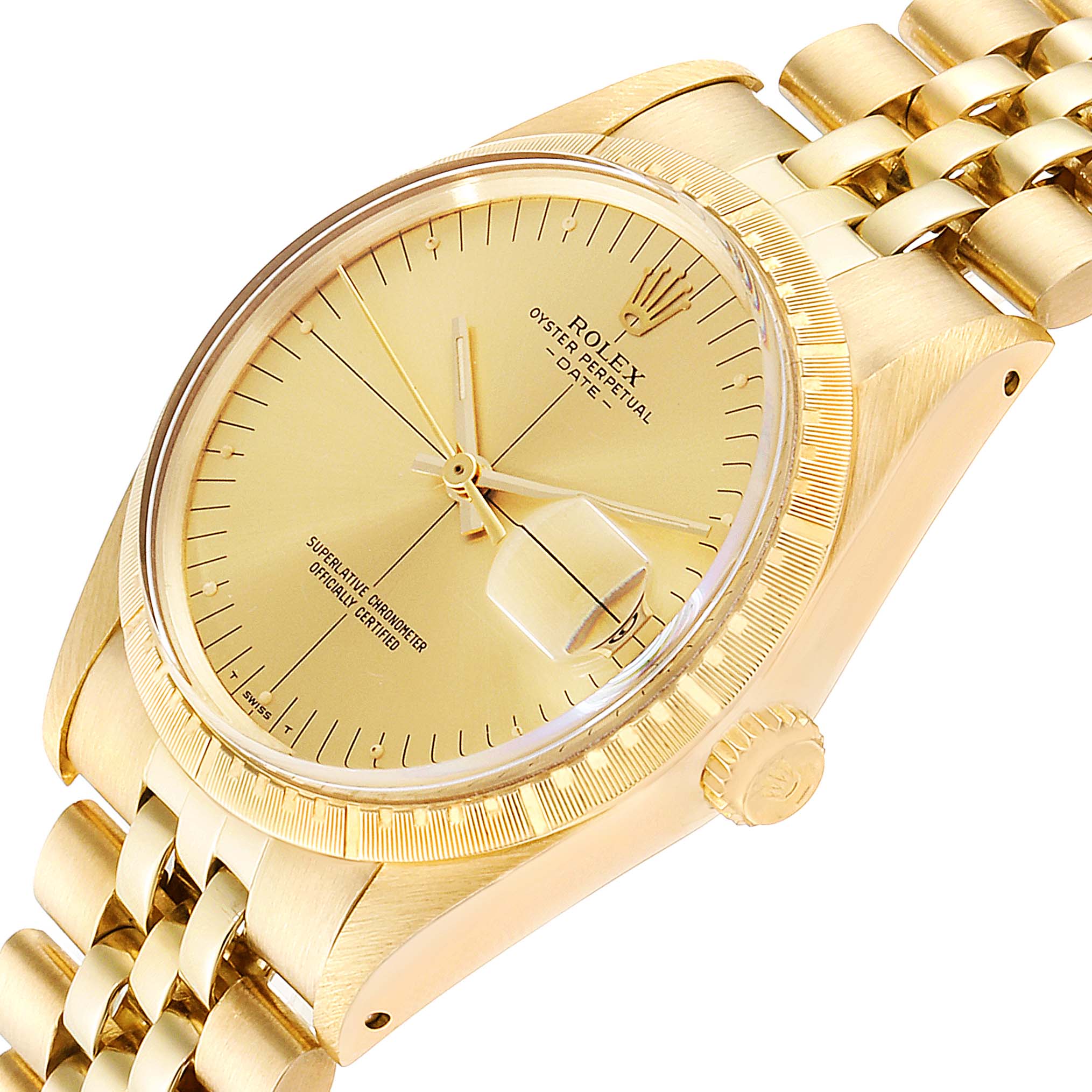 The image shows a close-up, angled view of the Rolex Vintage Collection 1512 Men's Yellow Gold Champagne Dial 1512 Men's Yellow Gold Champagne Dial watch, focusing on the dial, bezel, crown, and bracelet.