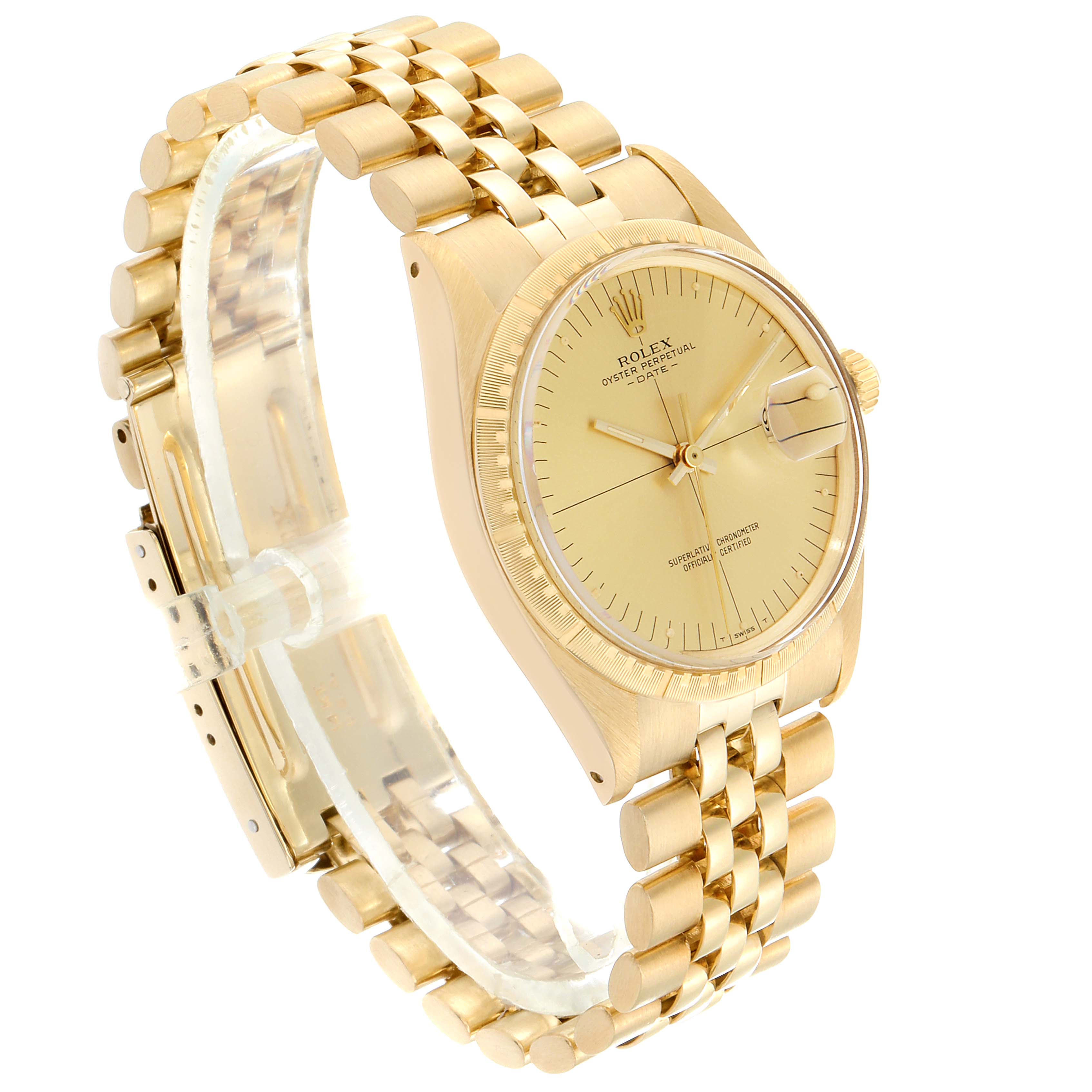 This image shows a side view of the Rolex Vintage Collection 1512 Men's Yellow Gold Champagne Dial 1512 Men's Yellow Gold Champagne Dial model, highlighting the gold bracelet, clasp, and face.