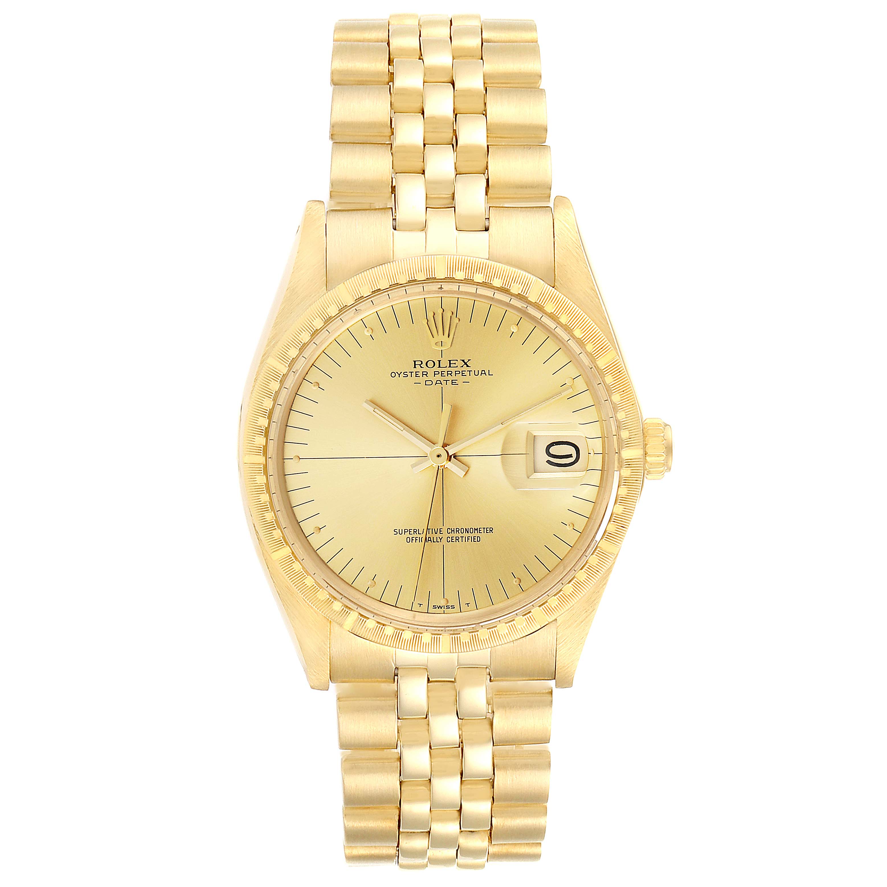 The image shows a front view of a Rolex Vintage Collection 1512 Men's Yellow Gold Champagne Dial 1512 Men's Yellow Gold Champagne Dial wristwatch, featuring a gold bezel, dial, and bracelet.