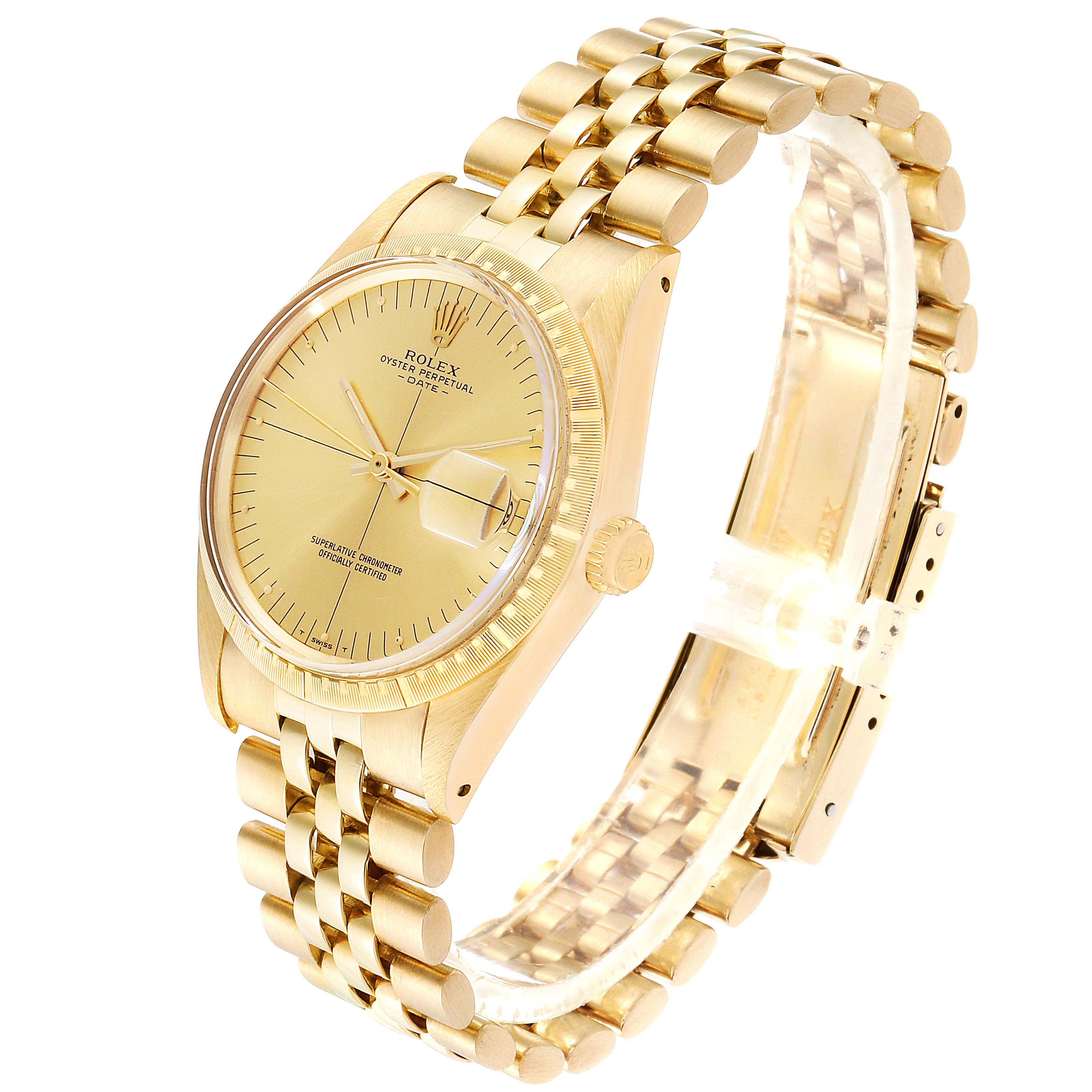 The Rolex Vintage Collection 1512 Men's Yellow Gold Champagne Dial 1512 Men's Yellow Gold Champagne Dial model is shown at an angle, detailing the gold case, bezel, dial, hands, and linked bracelet.