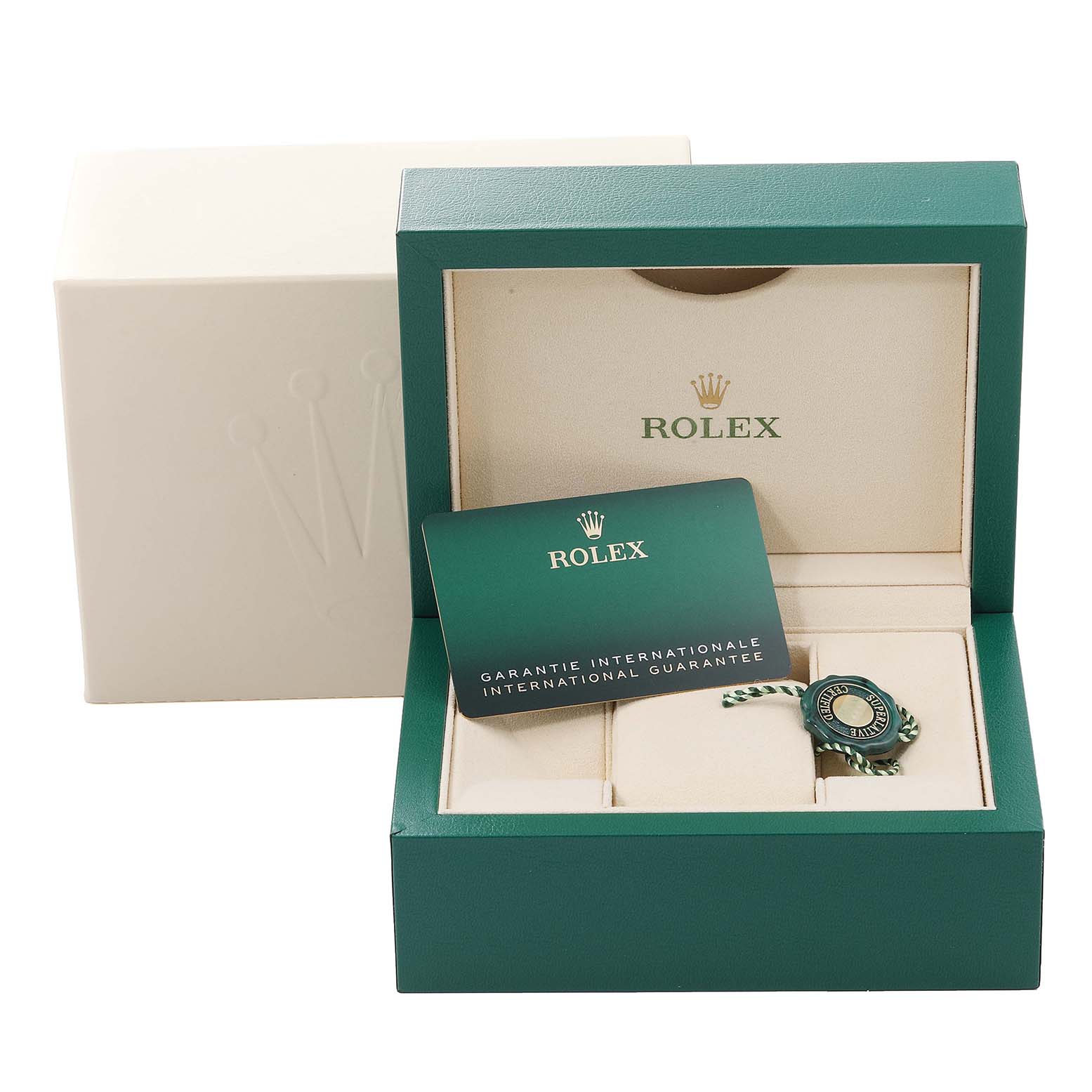 The image shows the packaging, warranty card, and tag for a Rolex Datejust 279174 Women's Stainless Steel Grey Dial 279174 Women's Stainless Steel Grey Dial model watch.