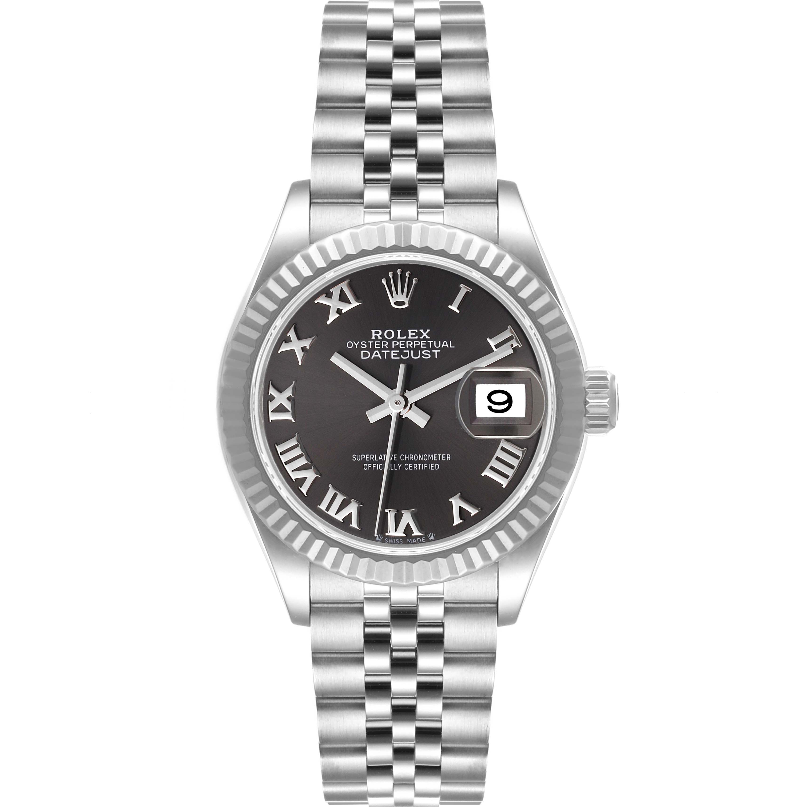 The image shows a frontal view of the Rolex Datejust 279174 Women's Stainless Steel Grey Dial 279174 Women's Stainless Steel Grey Dial watch, displaying its face, Roman numerals, and bracelet.