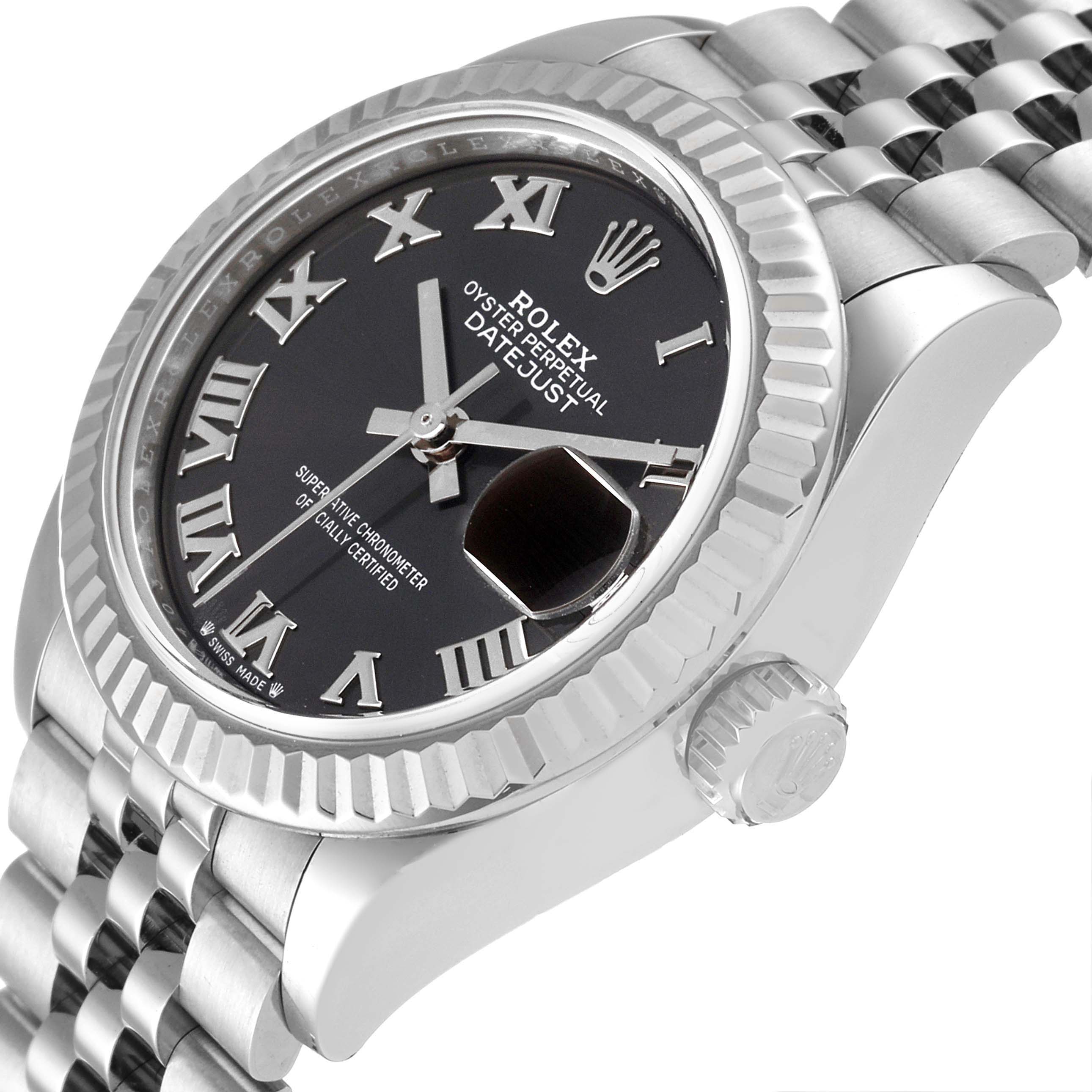 The image shows a slight side angle of the Rolex Datejust 279174 Women's Stainless Steel Grey Dial 279174 Women's Stainless Steel Grey Dial watch, highlighting its dial, bezel, and crown.