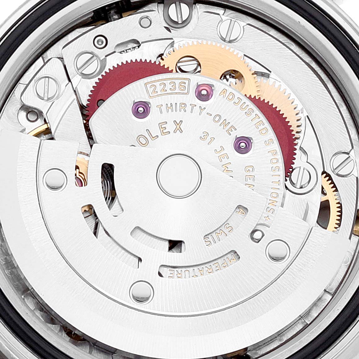 The image shows a close-up back view of the movement mechanism of a Rolex Datejust 279174 Women's Stainless Steel Grey Dial 279174 Women's Stainless Steel Grey Dial watch.