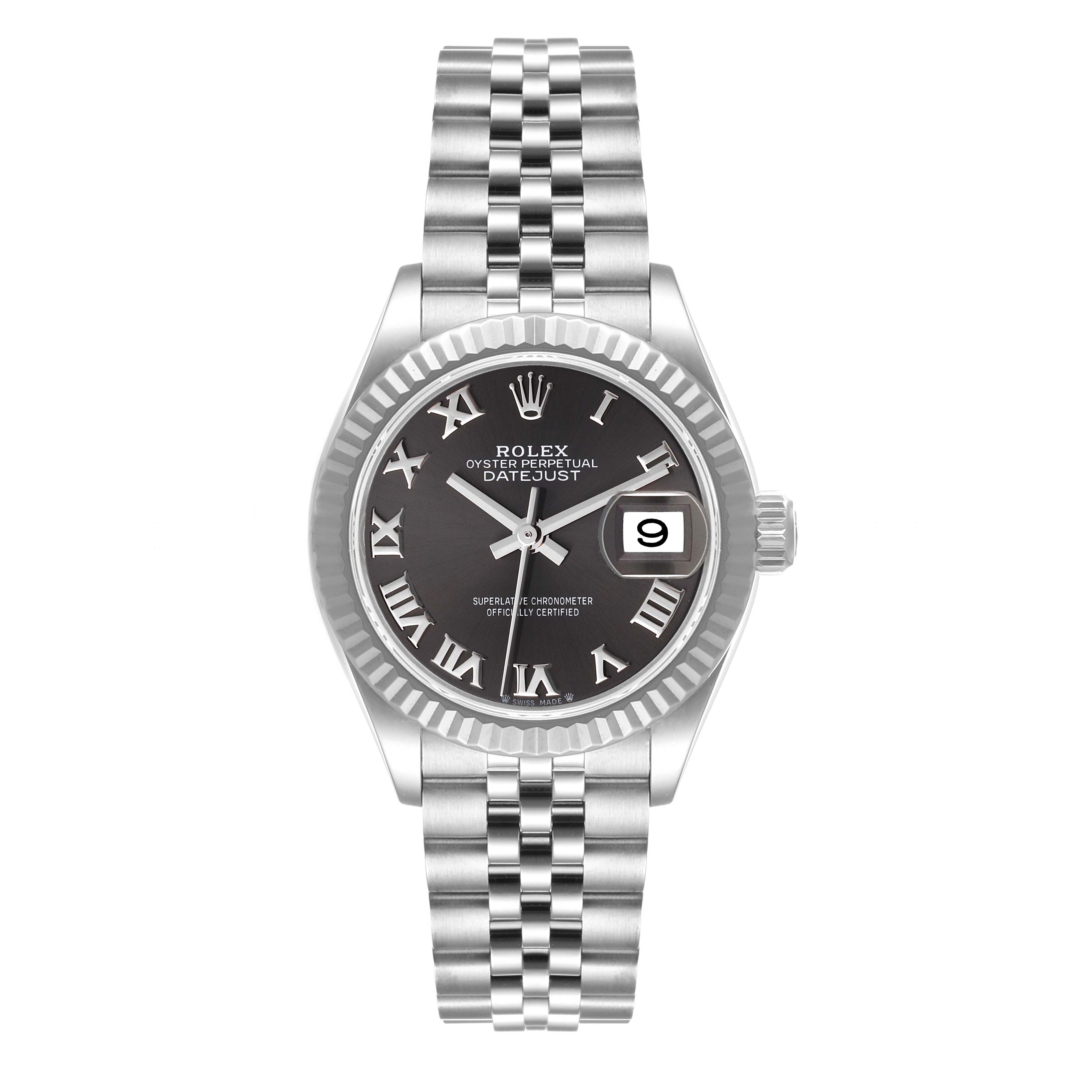 The image shows a front view of the Rolex Datejust 279174 Women's Stainless Steel Grey Dial 279174 Women's Stainless Steel Grey Dial watch, including its black dial, fluted bezel, Roman numeral markers, and Jubilee bracelet.