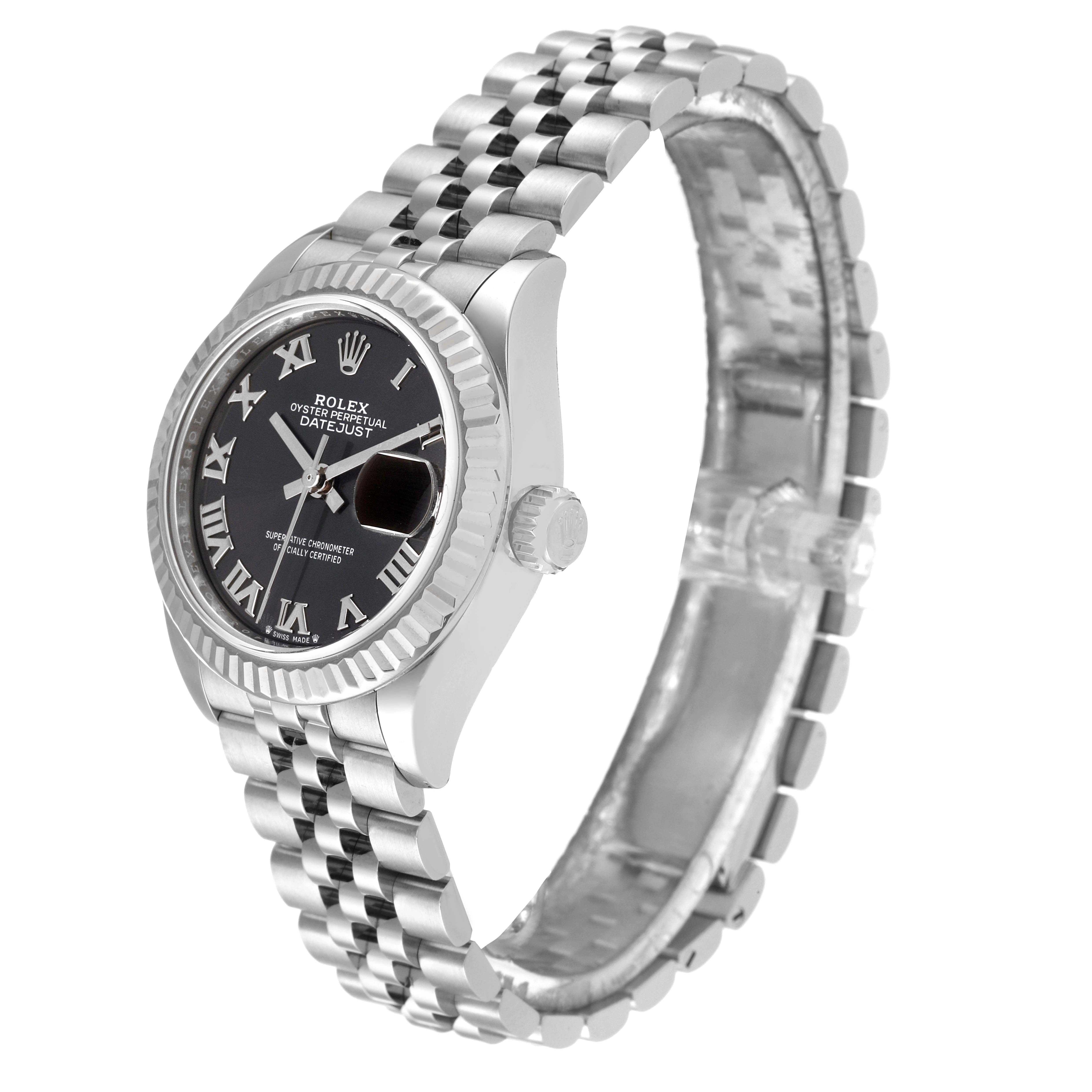 This image shows a side angle of the Rolex Datejust 279174 Women's Stainless Steel Grey Dial 279174 Women's Stainless Steel Grey Dial watch, highlighting the face, bezel, crown, and Jubilee bracelet.