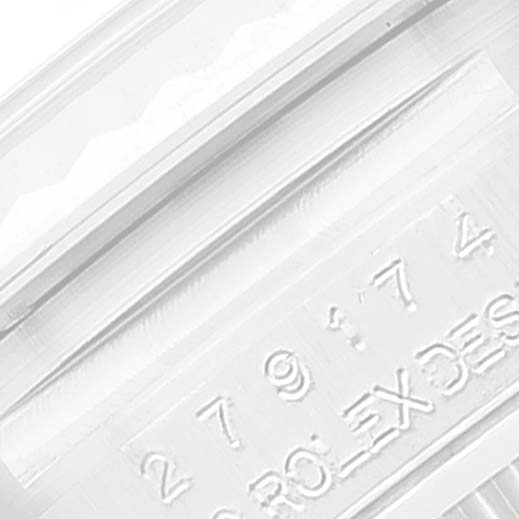 This is a close-up angle showcasing the serial number and part of the engraving on the Rolex Datejust 279174 Women's Stainless Steel Grey Dial 279174 Women's Stainless Steel Grey Dial watch.