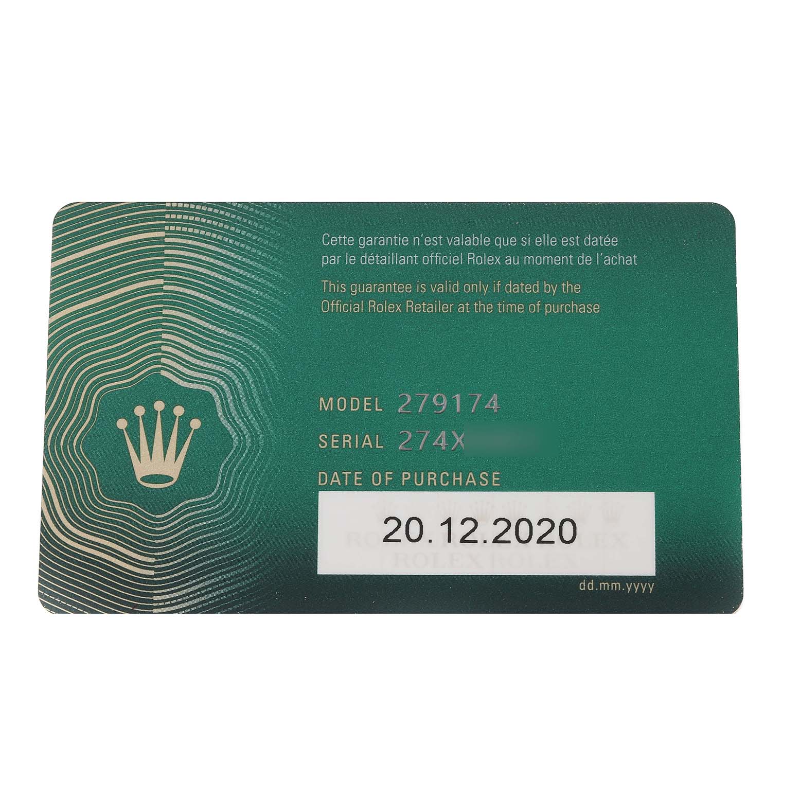 The image shows the warranty card for the Rolex Datejust 279174 Women's Stainless Steel Grey Dial 279174 Women's Stainless Steel Grey Dial model 279174, including the serial number and purchase date.