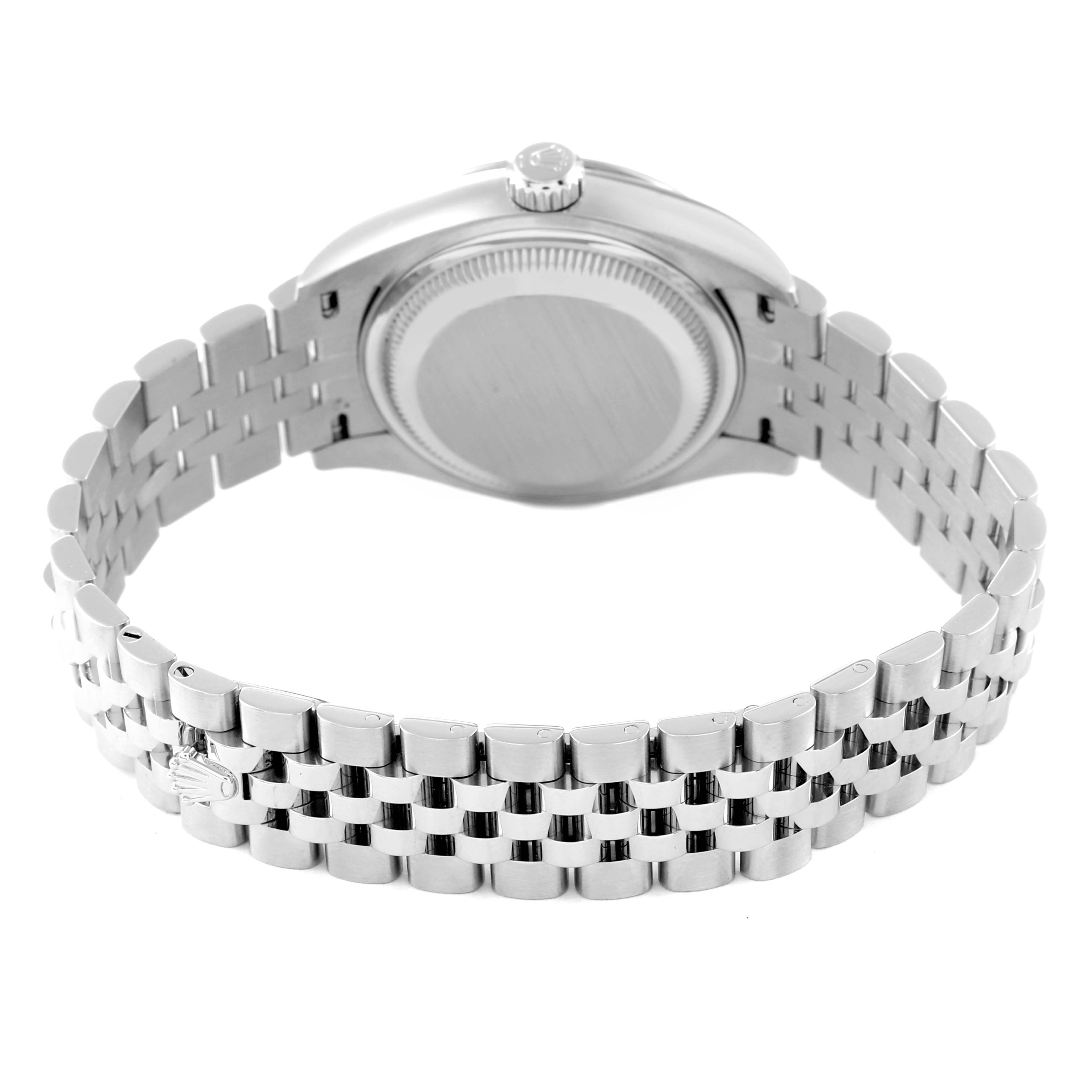 The image shows the back view of a Rolex Datejust 279174 Women's Stainless Steel Grey Dial 279174 Women's Stainless Steel Grey Dial watch, highlighting the case back and bracelet.