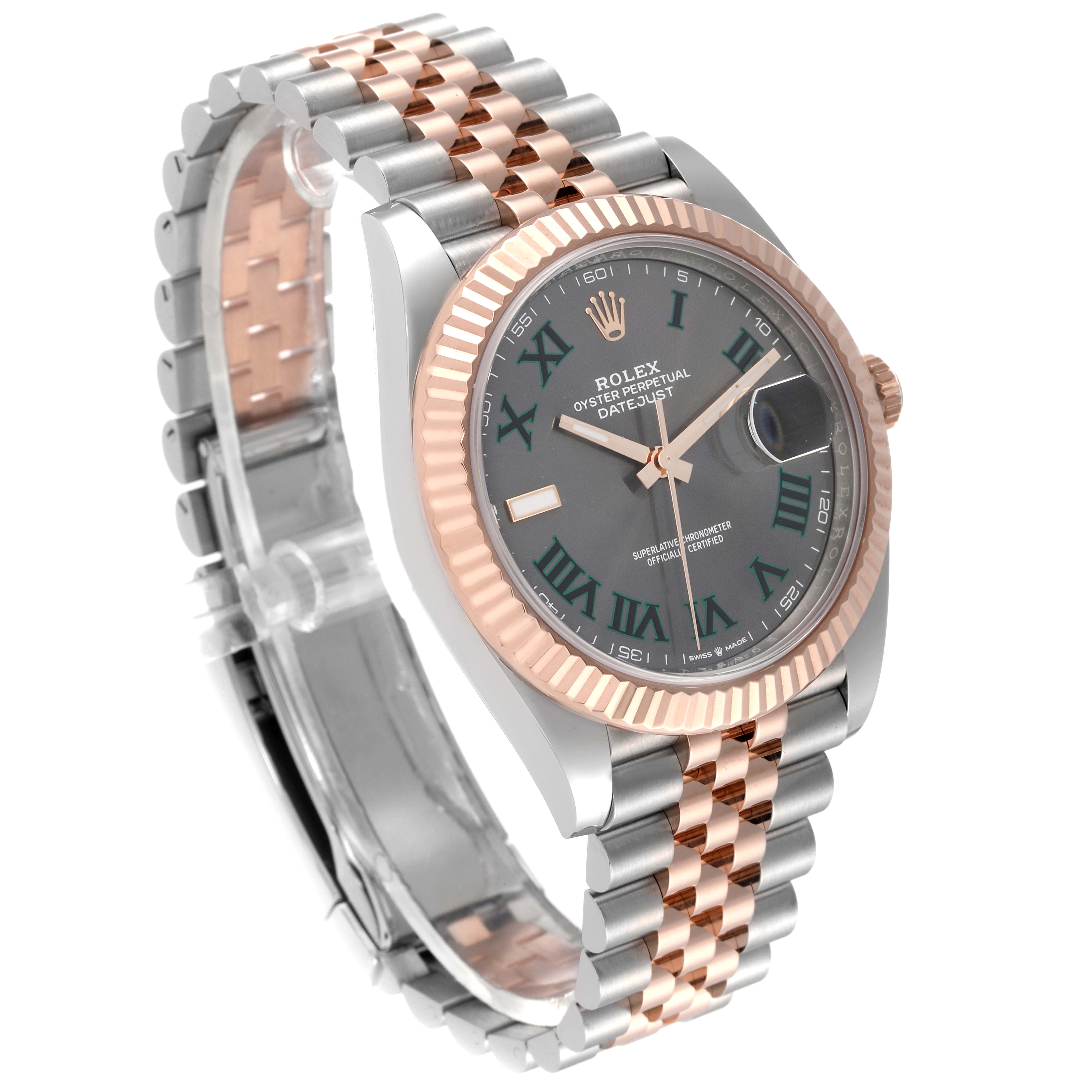 The image shows a Rolex Datejust 41 126331 Men
s Steel and Gold (two tone) Grey Dial 126331 Men
s Steel and Gold (two tone) Grey Dial model watch with a two-tone metal strap and a fluted bezel, viewed at an angled side perspective.