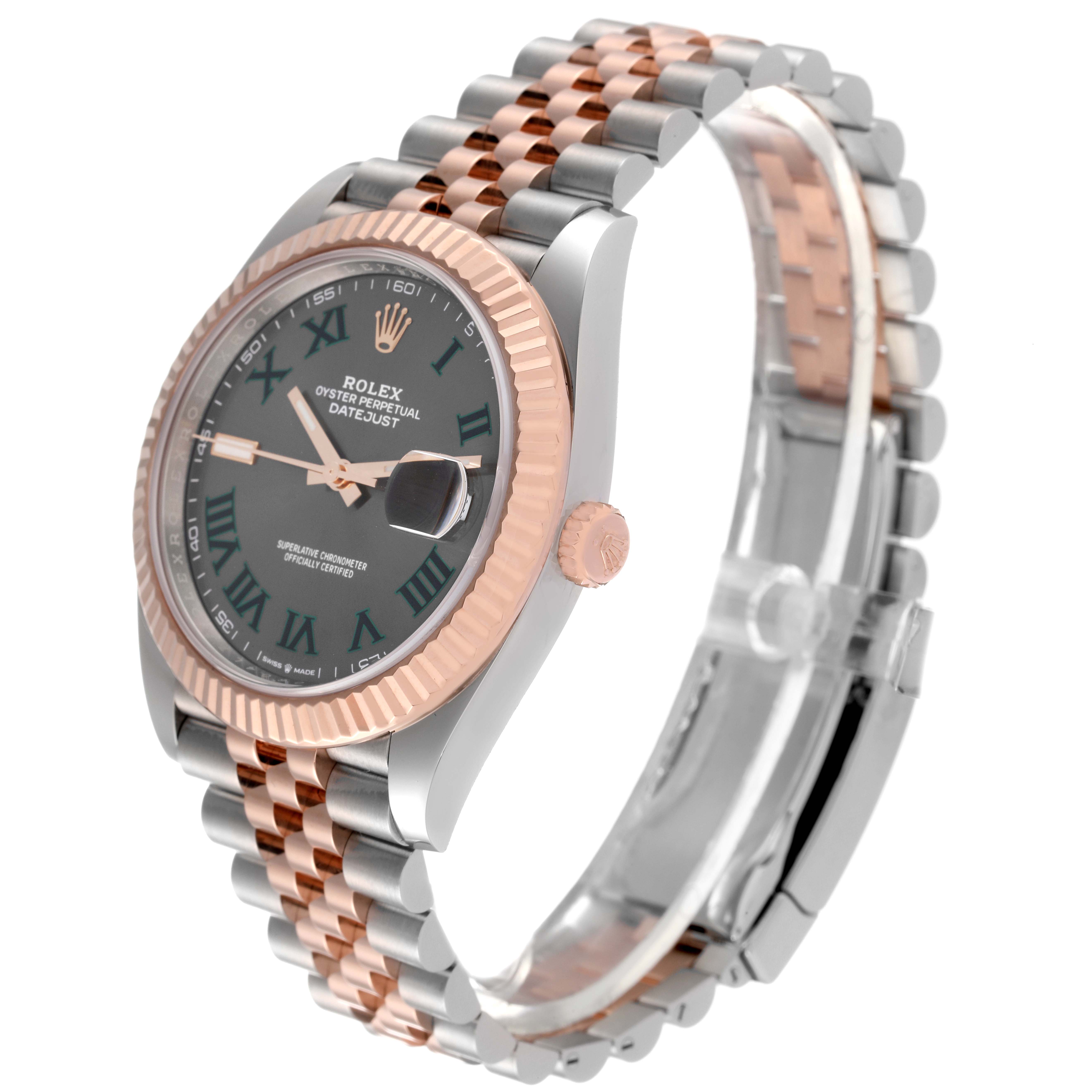 The image shows a Rolex Datejust 41 126331 Men
s Steel and Gold (two tone) Grey Dial 126331 Men
s Steel and Gold (two tone) Grey Dial watch from an angled side view, highlighting the bezel, dial, crown, and Jubilee bracelet.