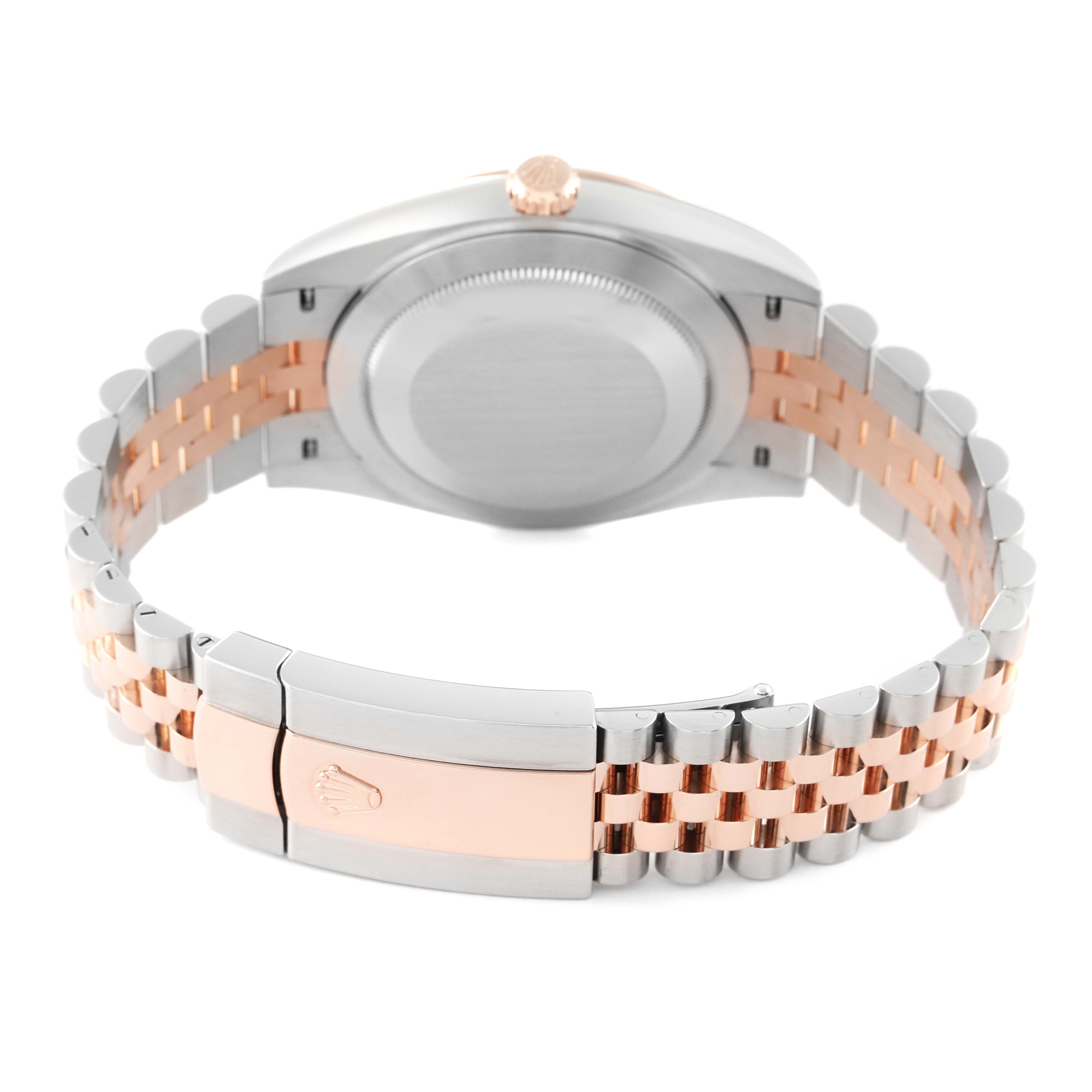 The image shows the back view of the Rolex Datejust 41 126331 Men
s Steel and Gold (two tone) Grey Dial 126331 Men
s Steel and Gold (two tone) Grey Dial with its two-tone bracelet and clasp.