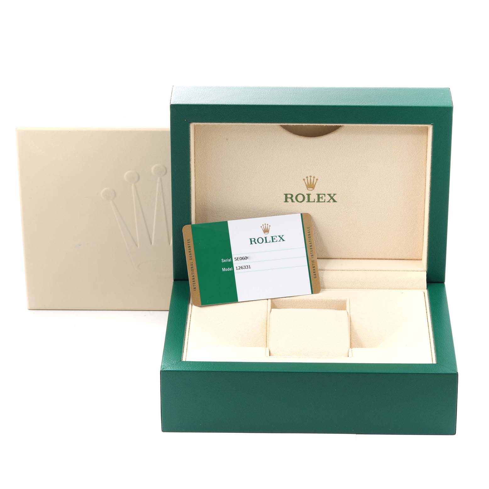 This image shows the packaging and Best Quality
ity card for a Rolex Datejust 41 126331 Men
s Steel and Gold (two tone) Grey Dial 126331 Men
s Steel and Gold (two tone) Grey Dial watch, including a green box and a beige outer cover.
