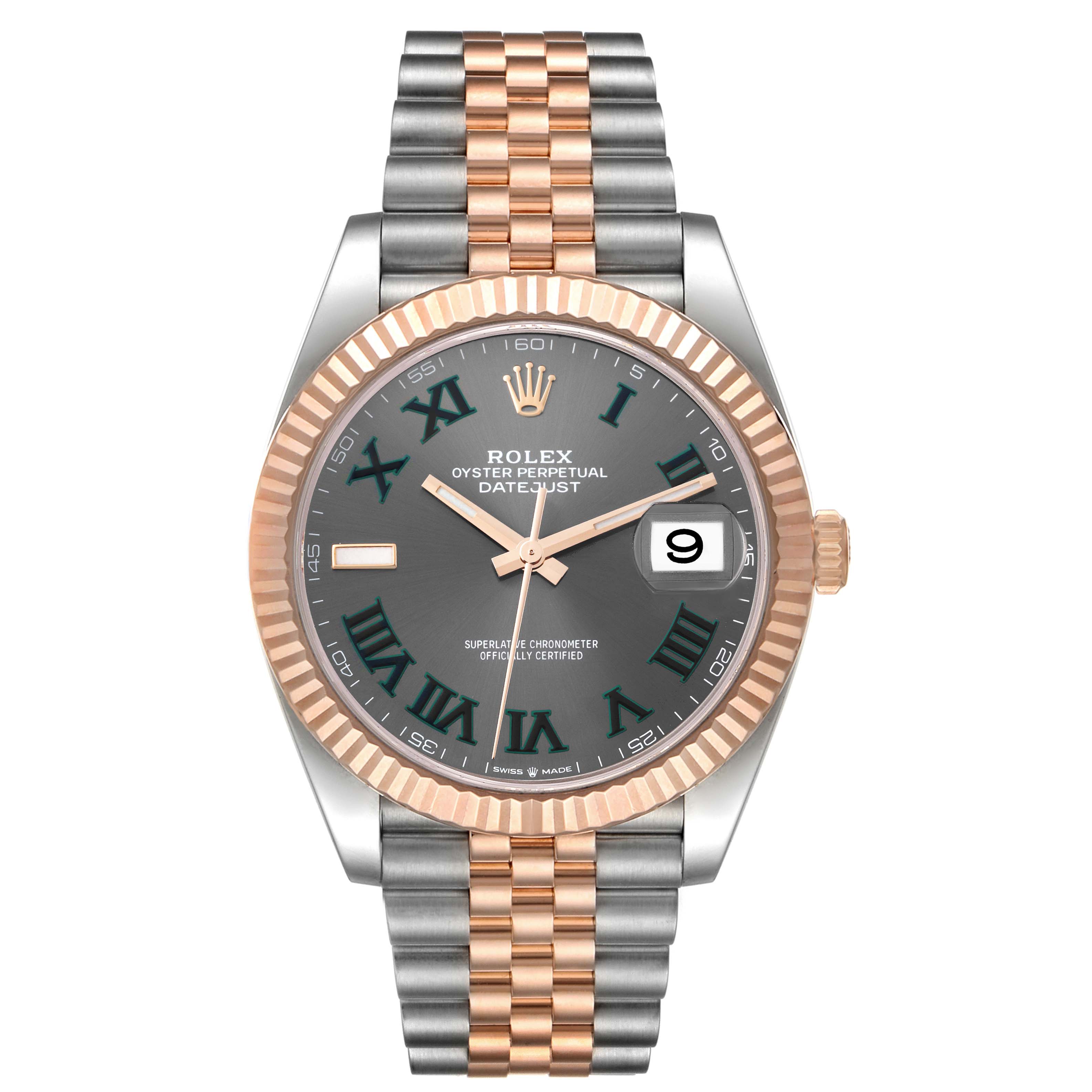 This image shows the front view of the Rolex Datejust 41 126331 Men
s Steel and Gold (two tone) Grey Dial 126331 Men
s Steel and Gold (two tone) Grey Dial, featuring its dial, bezel, and part of the bracelet.