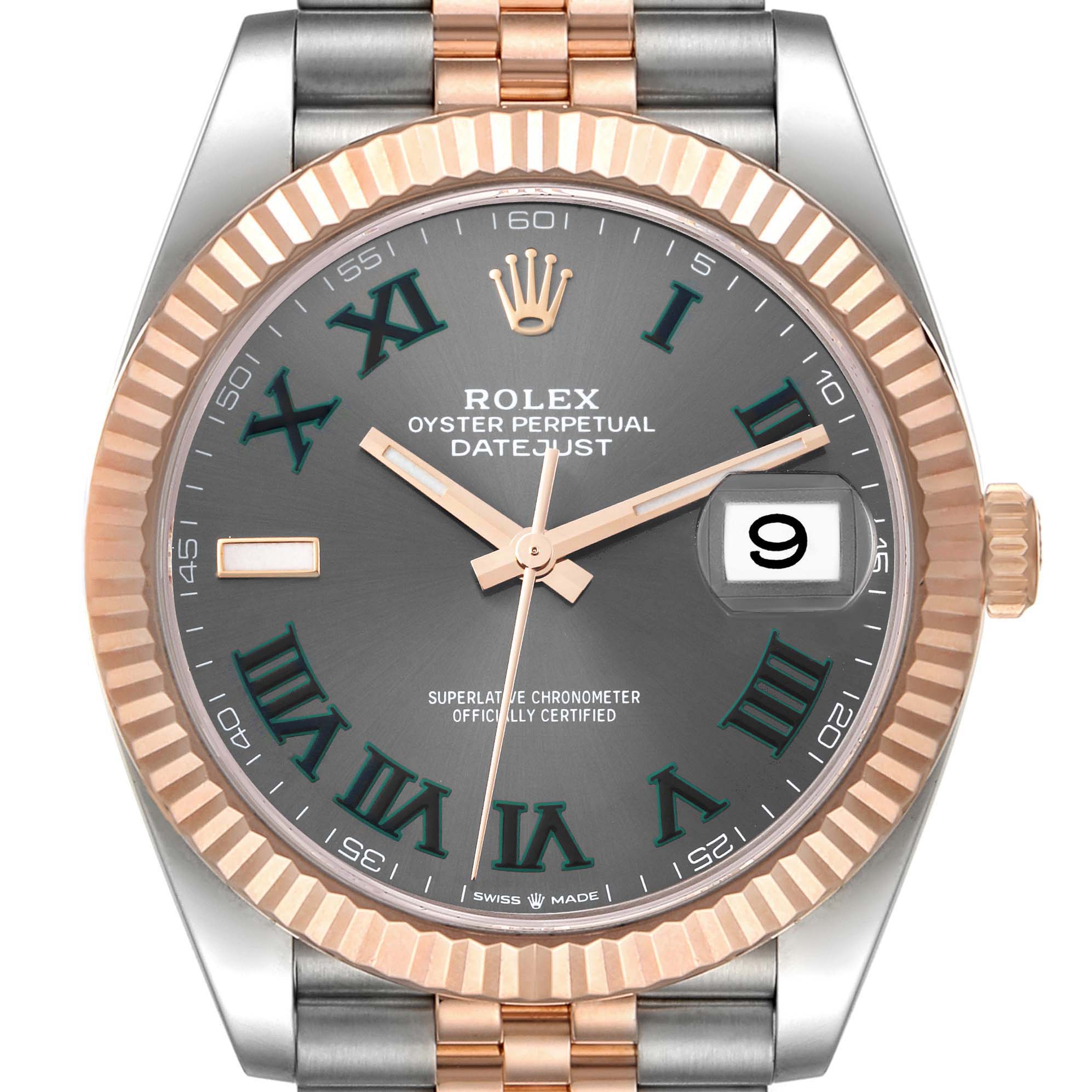 This image shows a front view of the Rolex Datejust 41 126331 Men
s Steel and Gold (two tone) Grey Dial 126331 Men
s Steel and Gold (two tone) Grey Dial watch, displaying the dial, hands, date window, and fluted bezel.