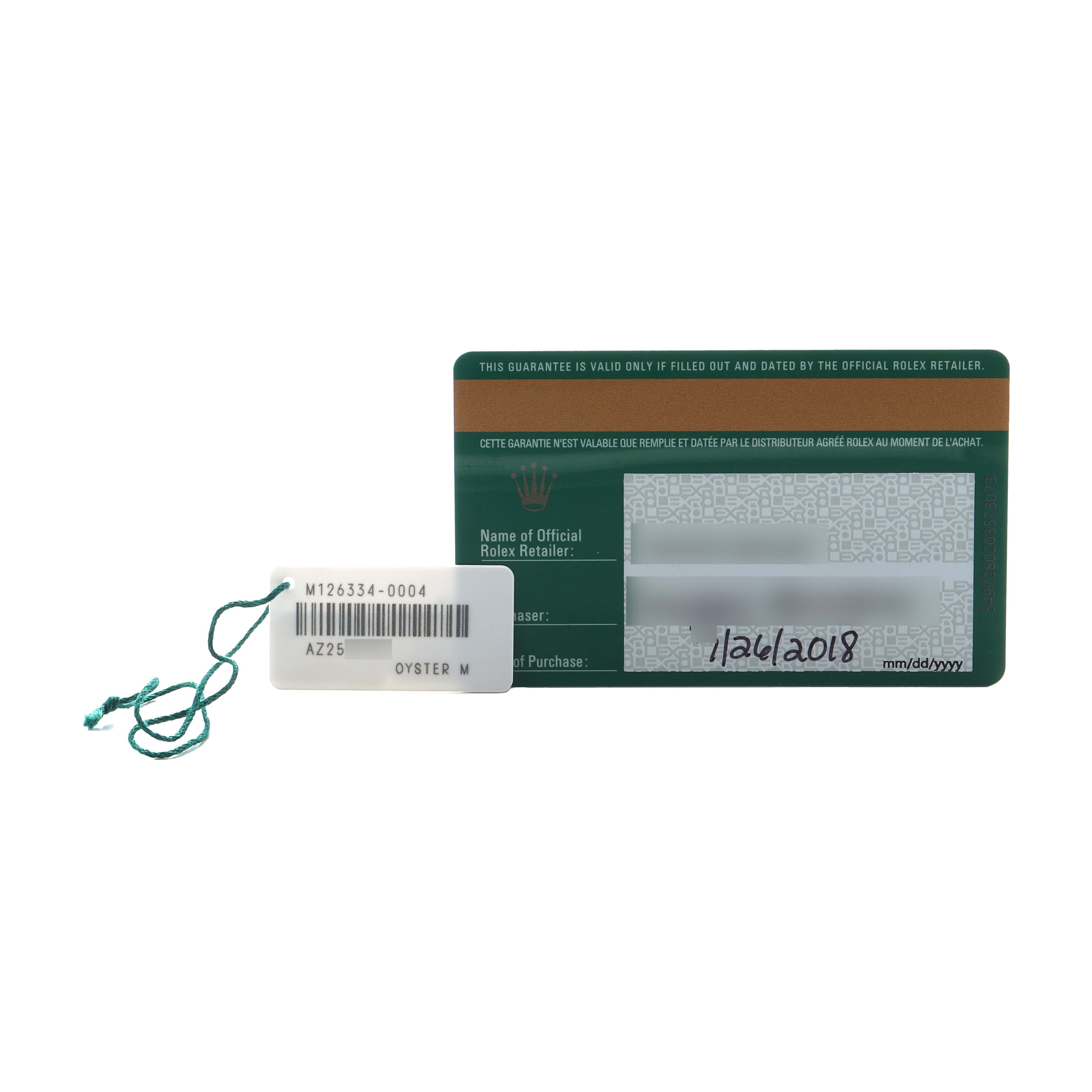 The image shows the warranty card and tag for the Rolex Datejust 41 126334 Men's Stainless Steel Silver Dial model.