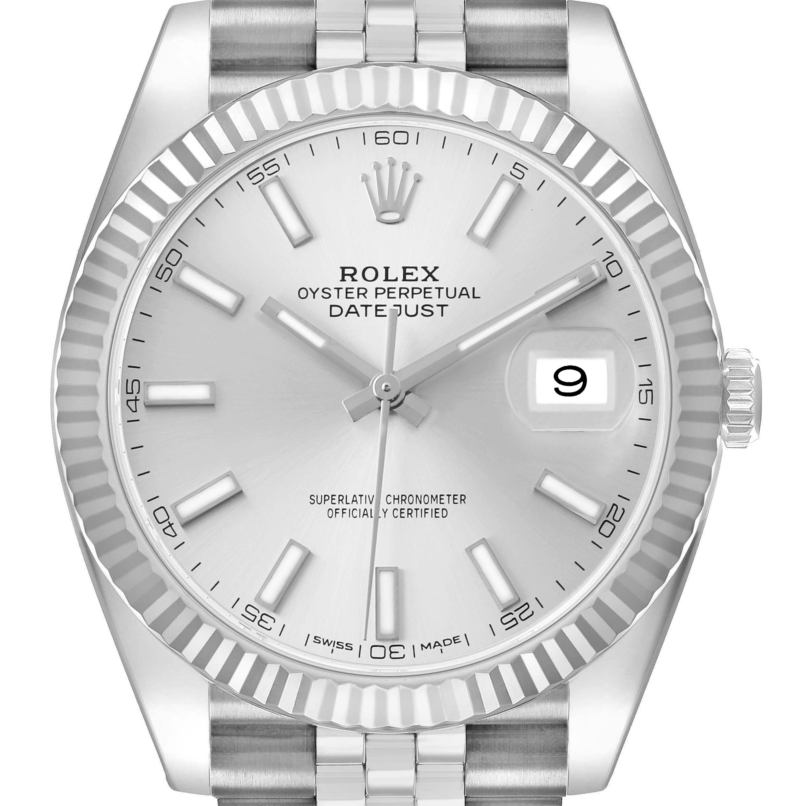 The Rolex Datejust 41 126334 Men's Stainless Steel Silver Dial is shown from a top-down angle, highlighting the dial, fluted bezel, hands, markers, and date window.